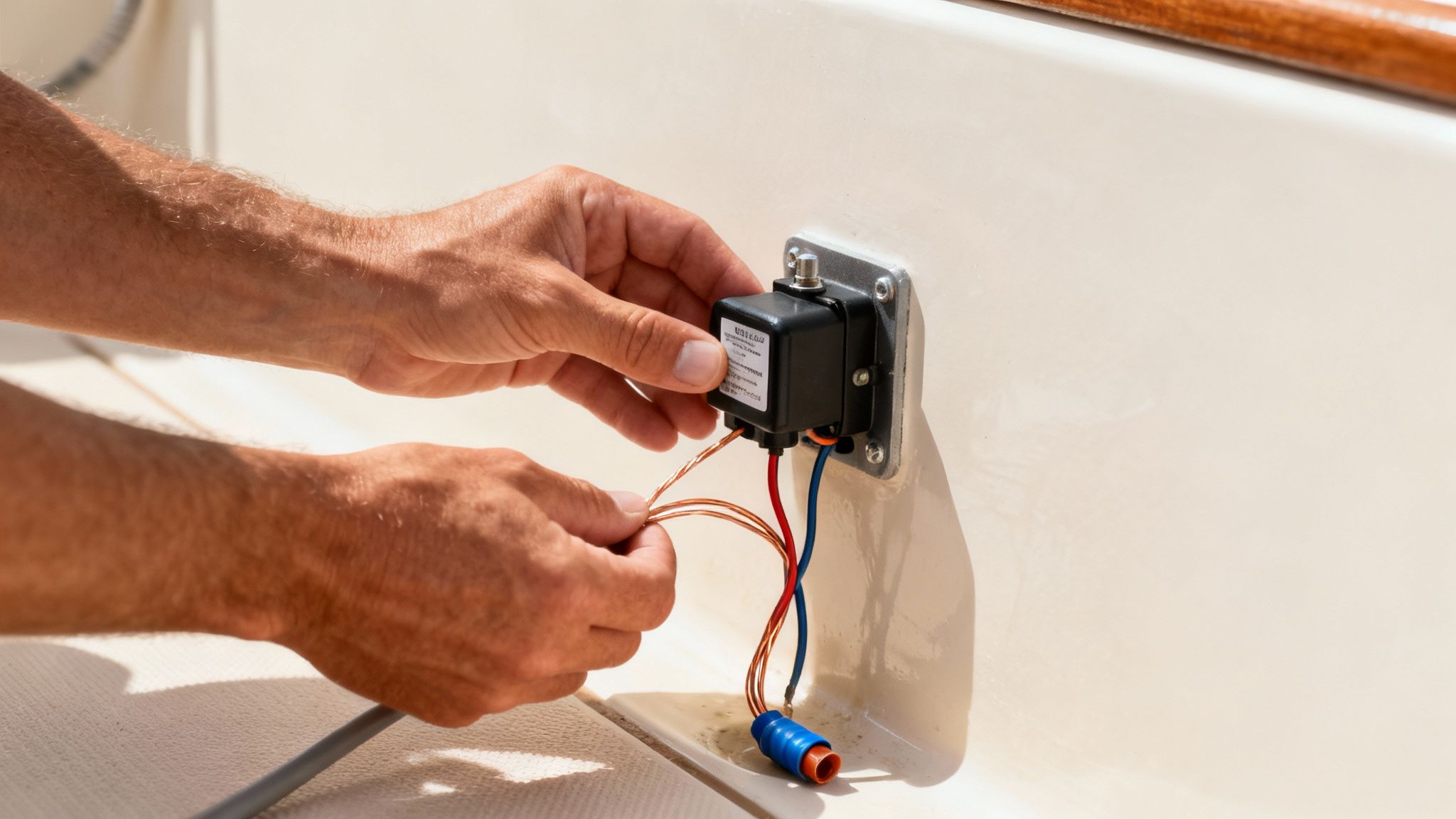 A technician installing a bilge pump float switch in the bilge of a boat.