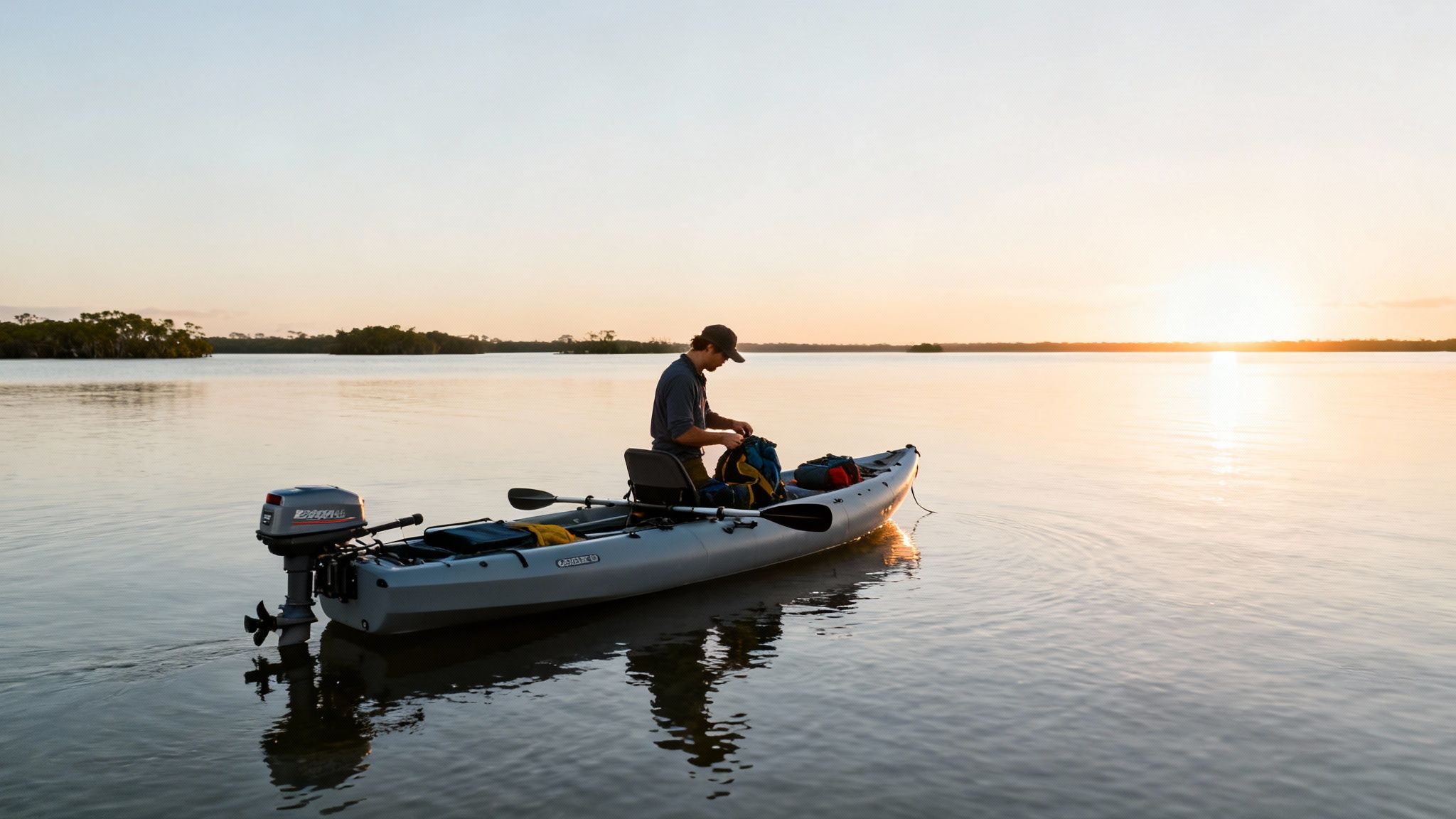 A man packing gear in a gray kayak with an outboard motor on calm water at sunrise.