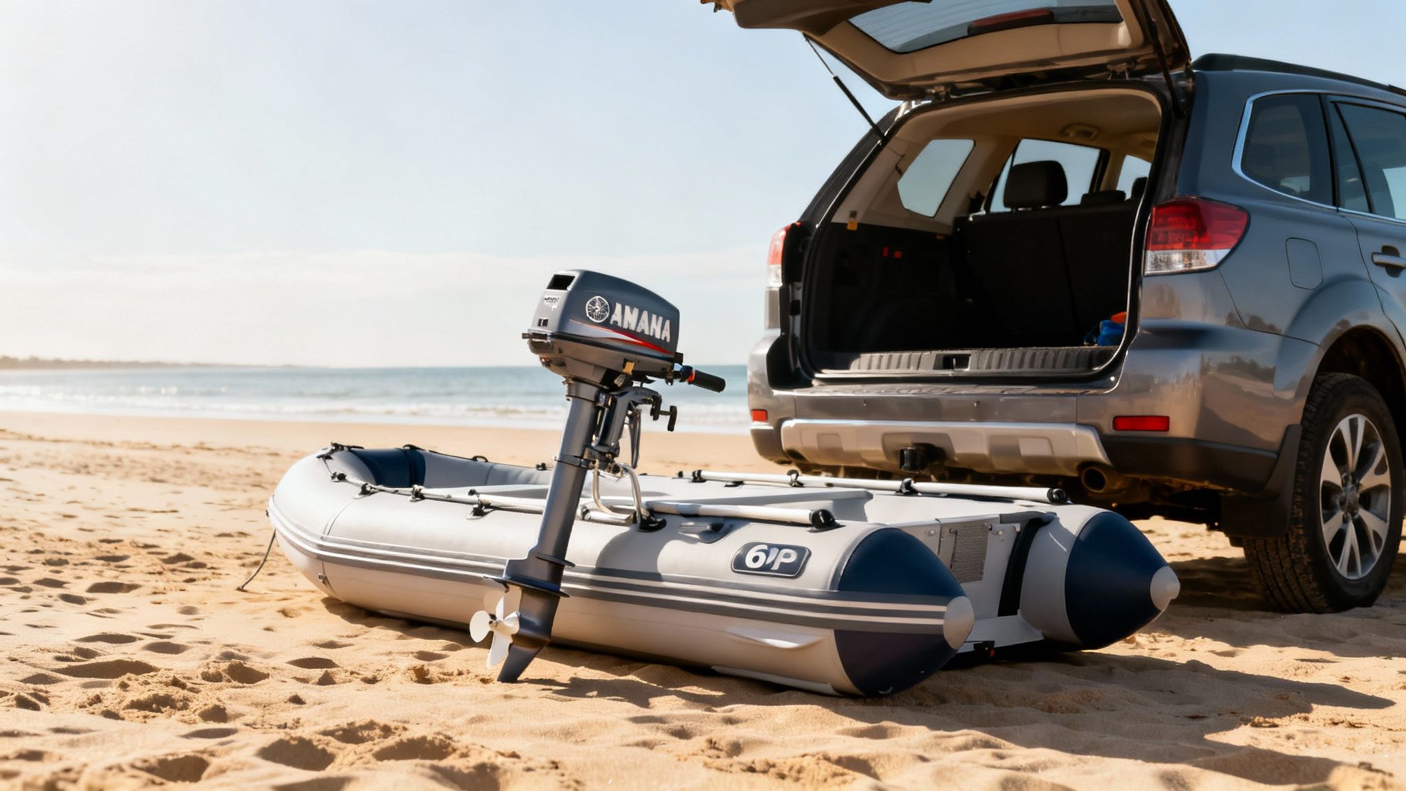 An inflatable boat with a Yamaha outboard motor on a sandy beach next to an open gray SUV.