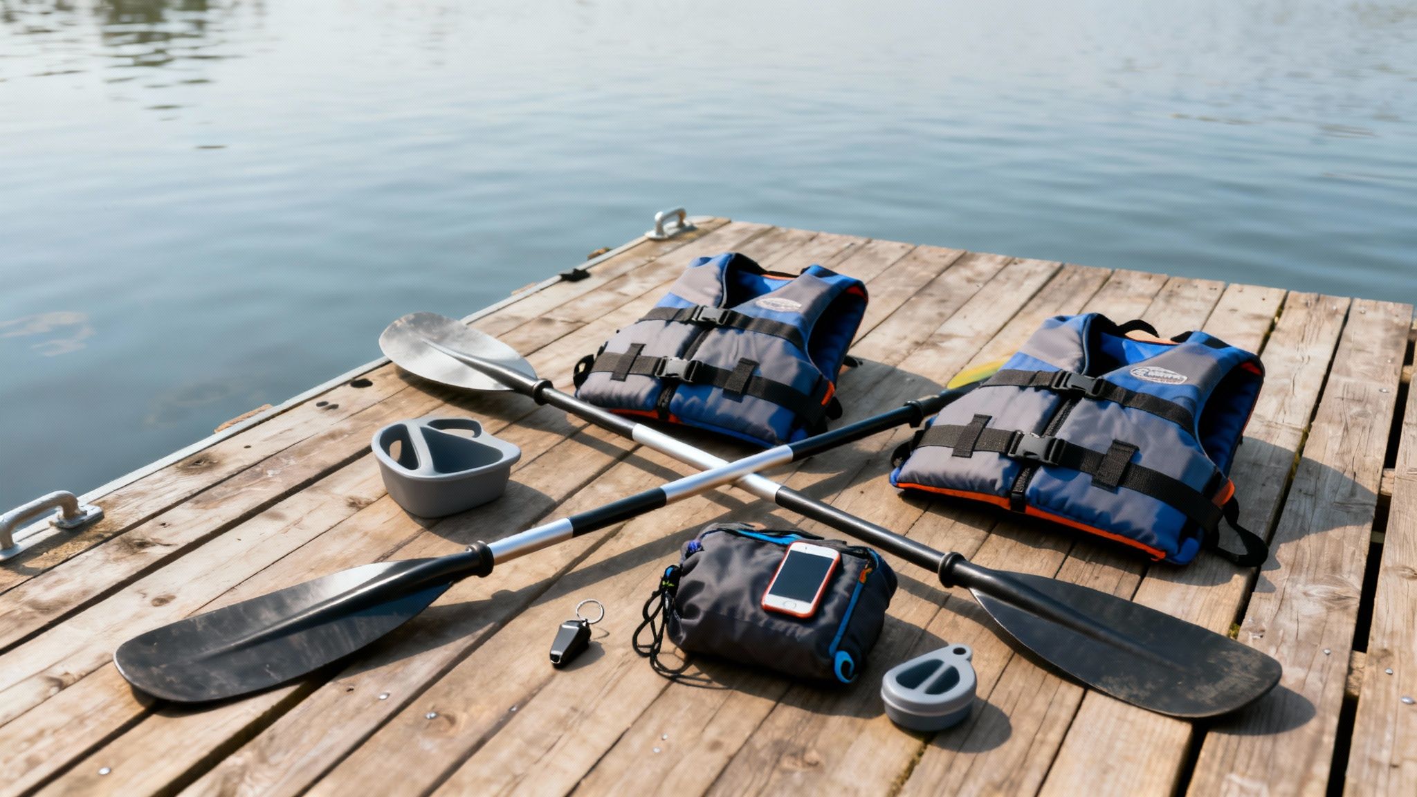 Two people paddling a double person kayak on a calm, blue lake.