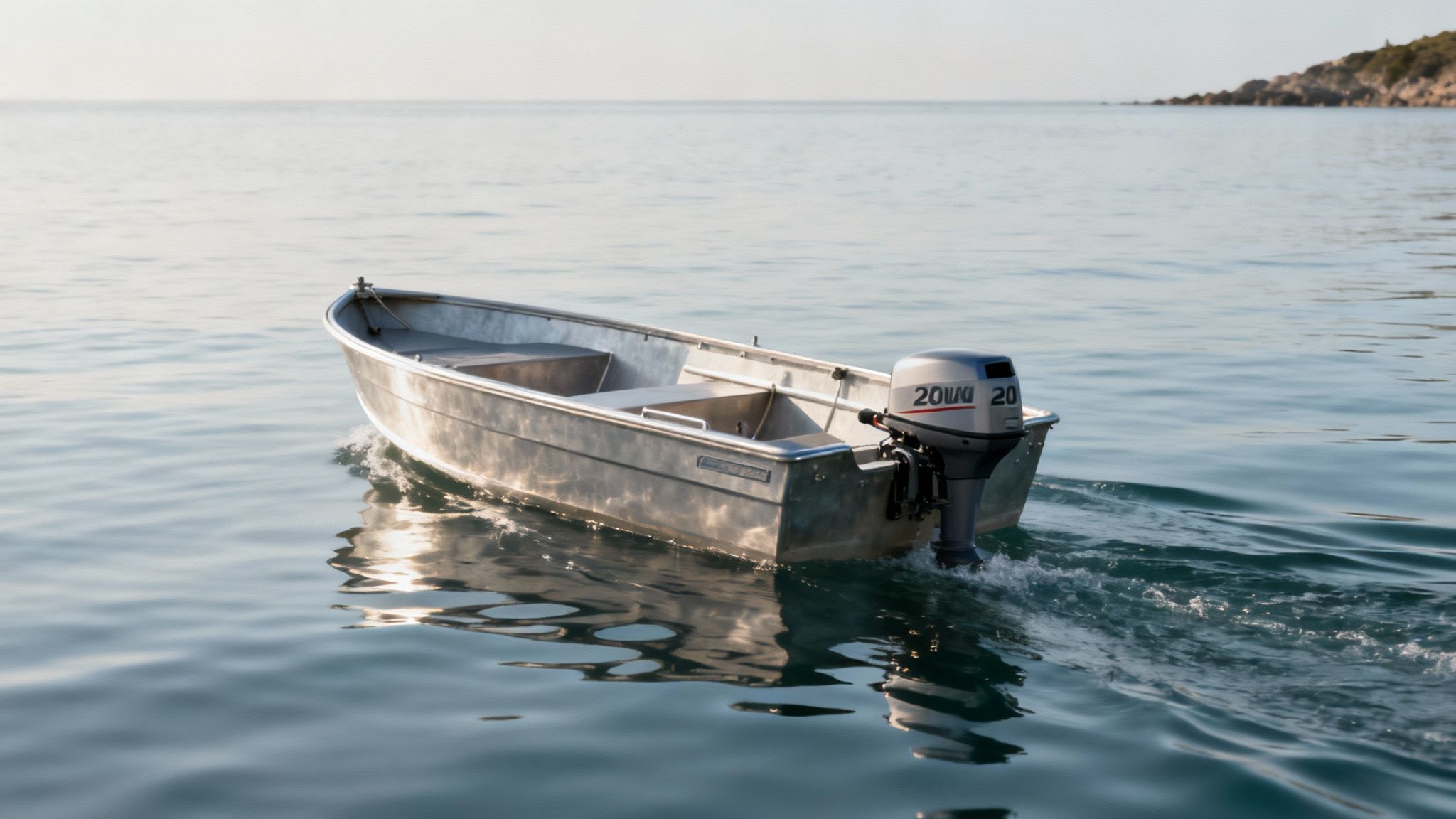 A 20 hp outboard engine mounted on the back of an inflatable boat on the water