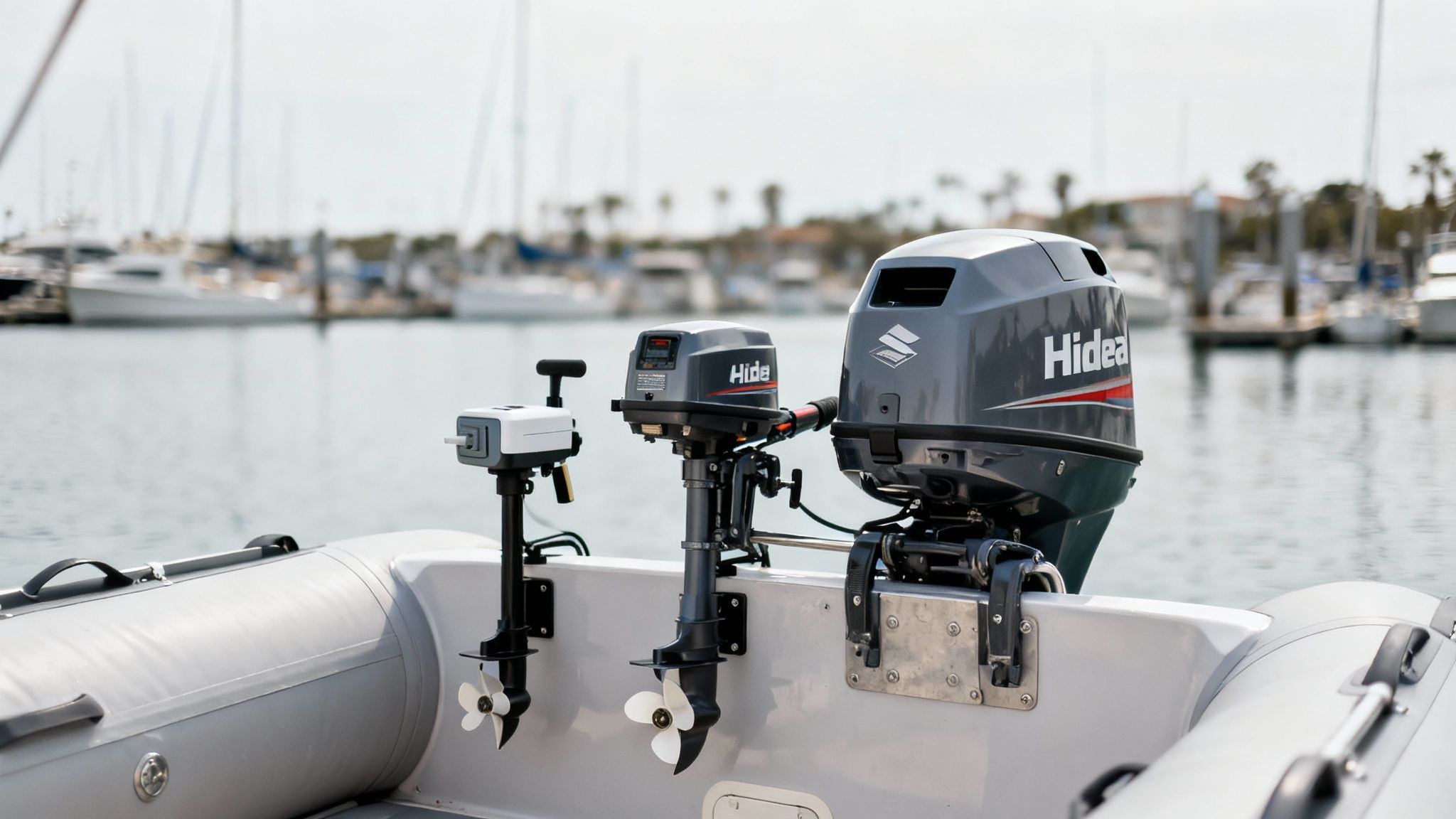 Three marine outboard engines, including a Hidea, attached to an inflatable boat in a marina.