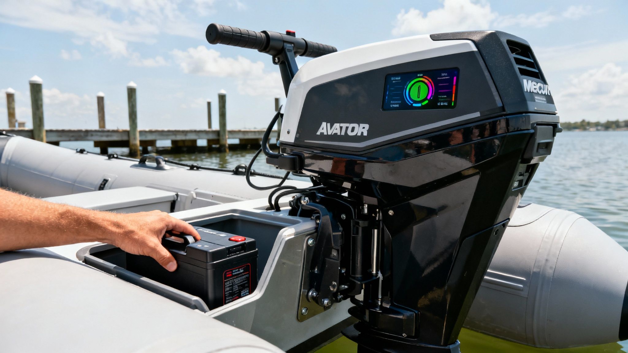 A person easily handling the Mercury Avator electric outboard motor by its tiller.