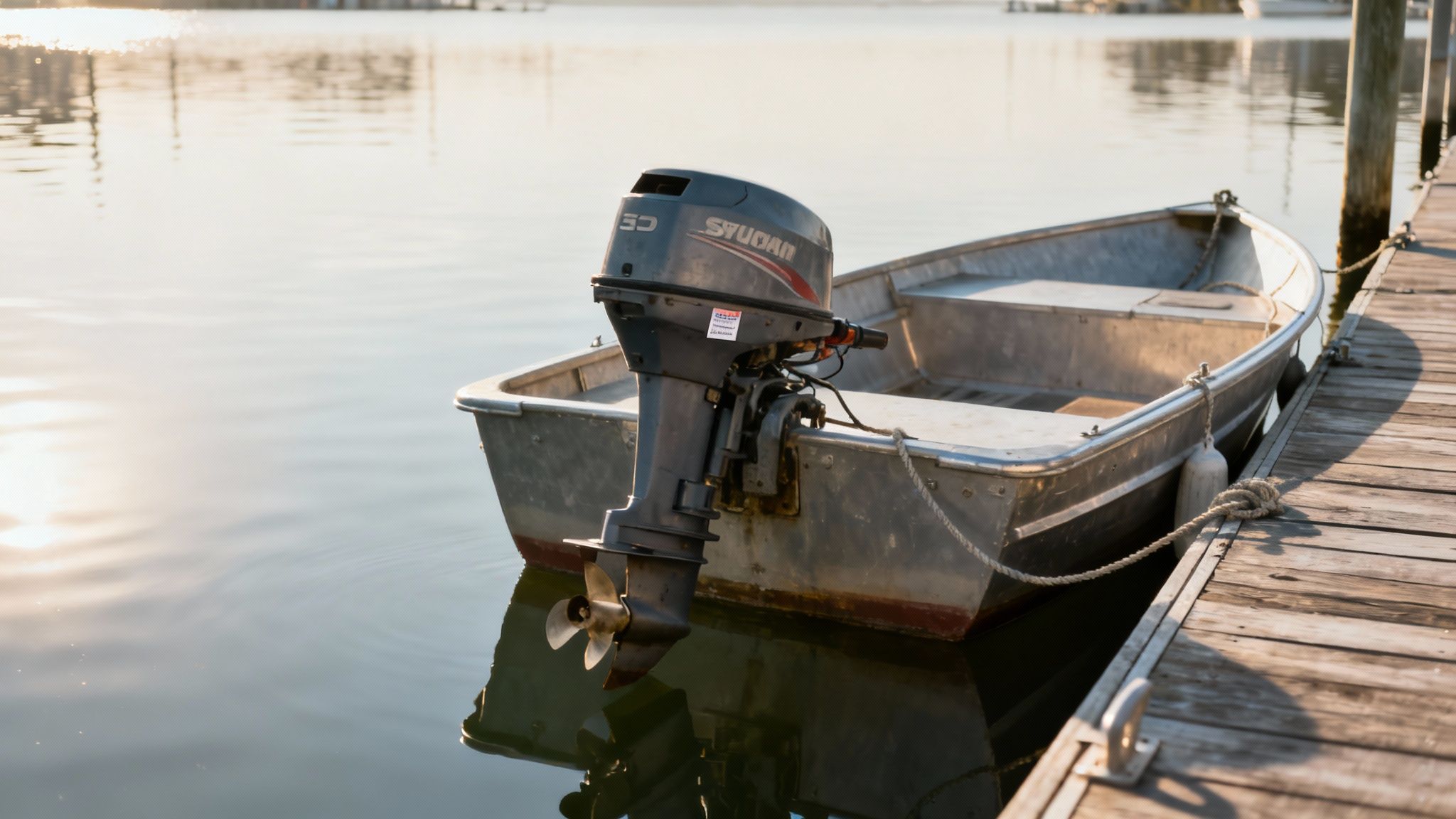 A clean second hand outboard engine mounted on a boat's transom.