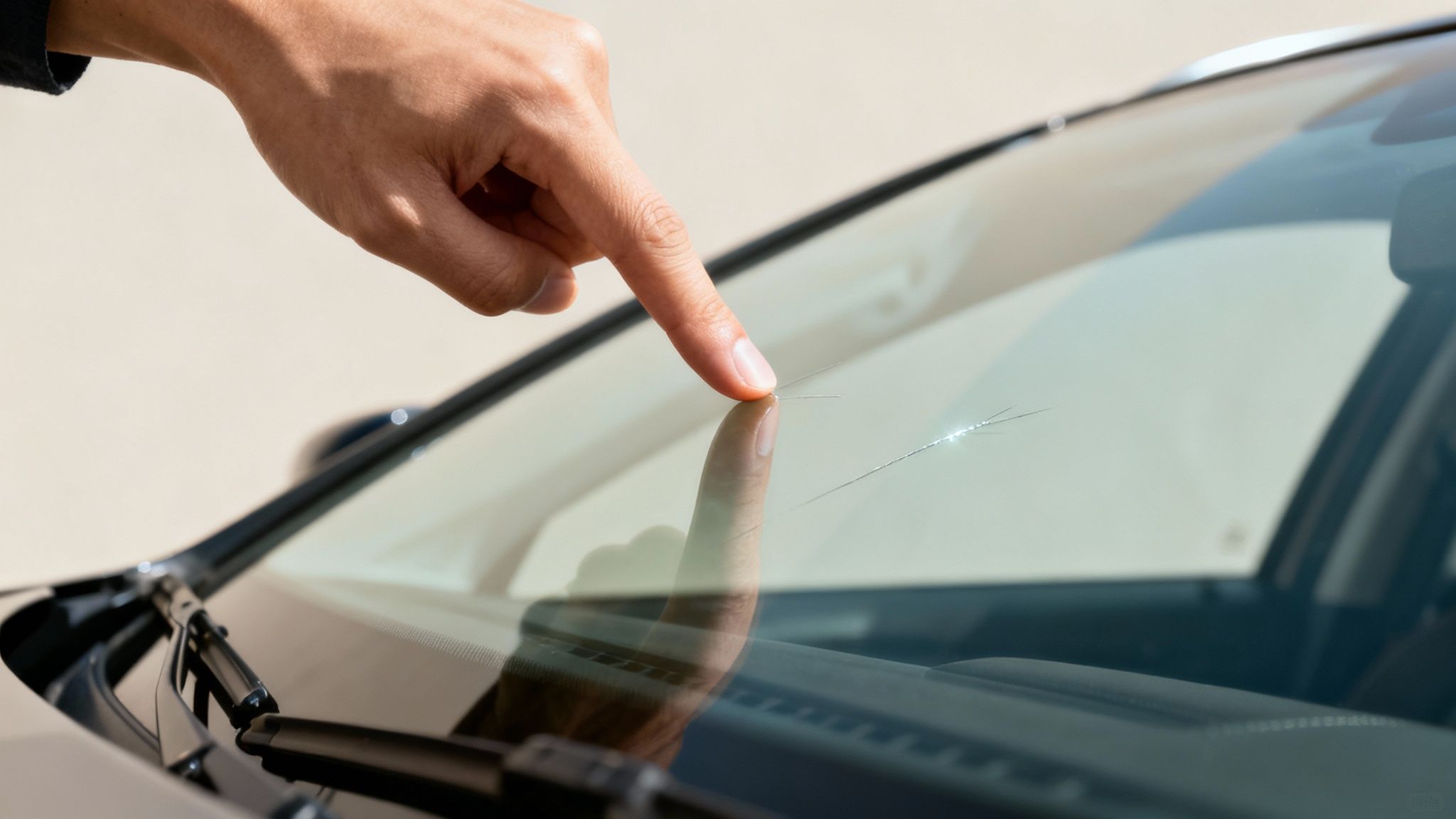 A close-up view of a scratch on a car's windscreen, with a finger pointing to the damage.