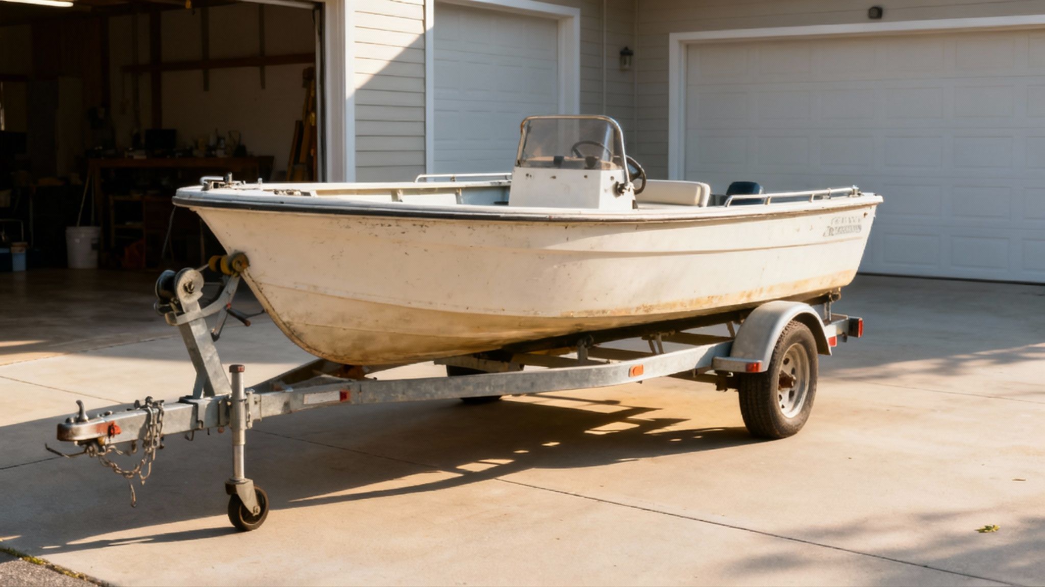 A person inspecting the hull of a small fishing boat on a trailer.