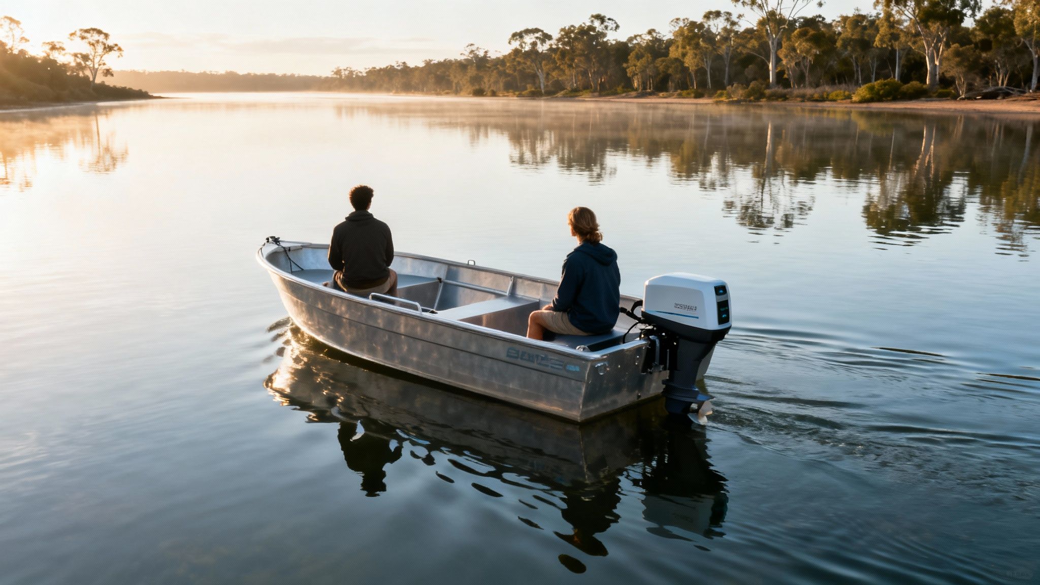 Two people enjoy a peaceful sunrise boat ride with an electric motor on a serene lake.