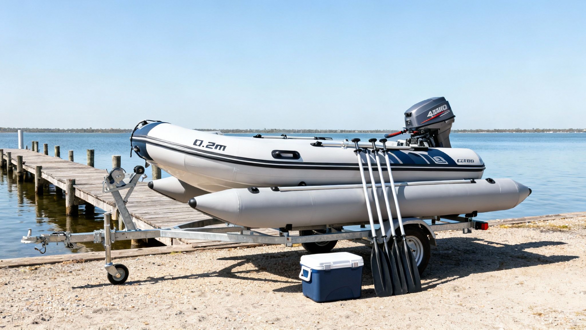 A light gray inflatable boat with an outboard motor on a trailer, with oars and a cooler, by a dock.