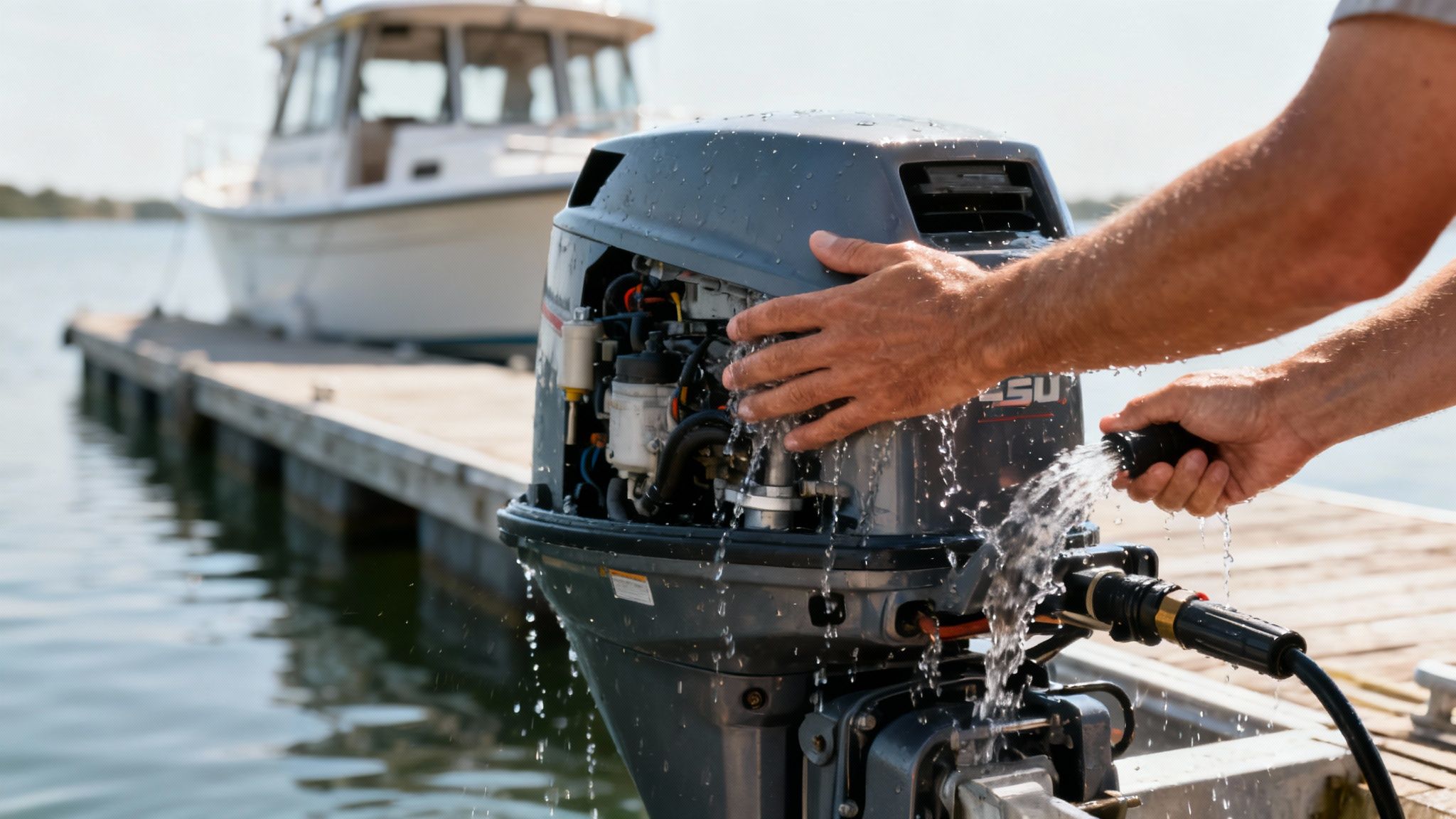A person performing maintenance on an outboard motor by the water