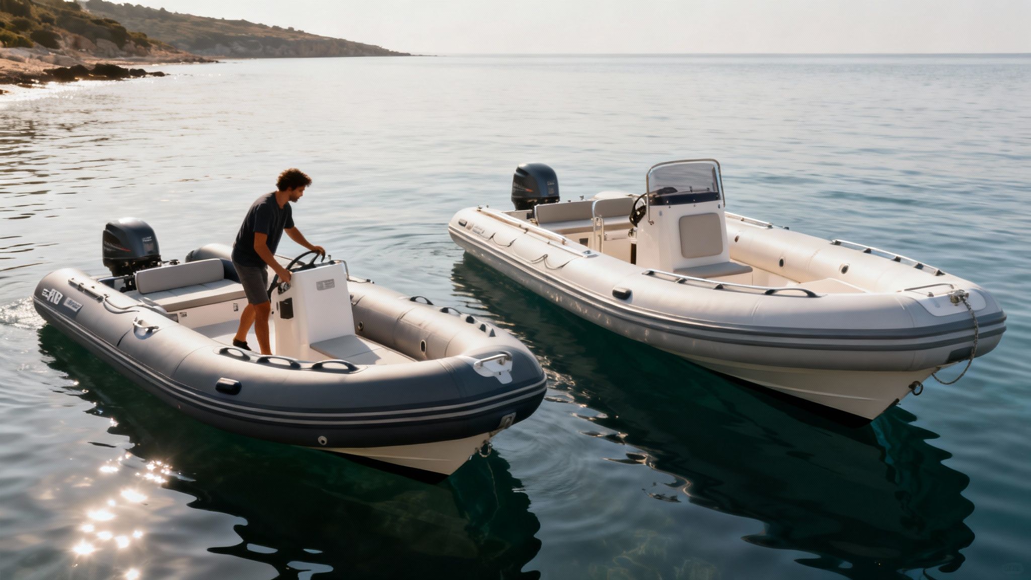 Two modern inflatable boats floating on calm water, with a man steering one.