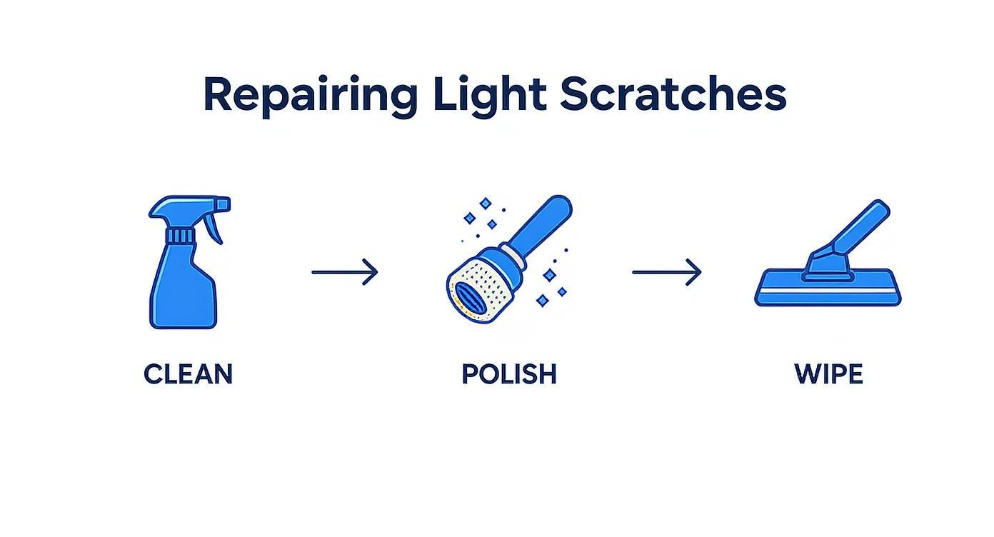 Infographic showing the three-step process for repairing light scratches Clean, Polish, and Wipe.
