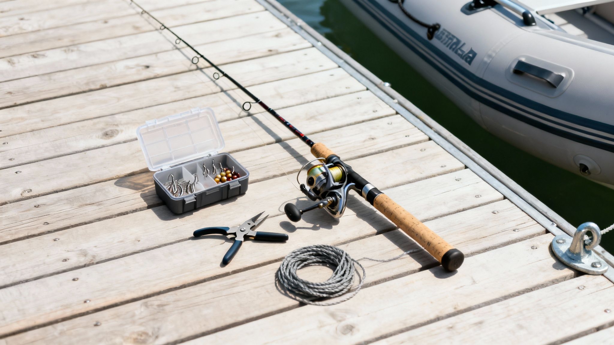 Fishing rod with reel, tackle box, pliers and rope organized on wooden dock