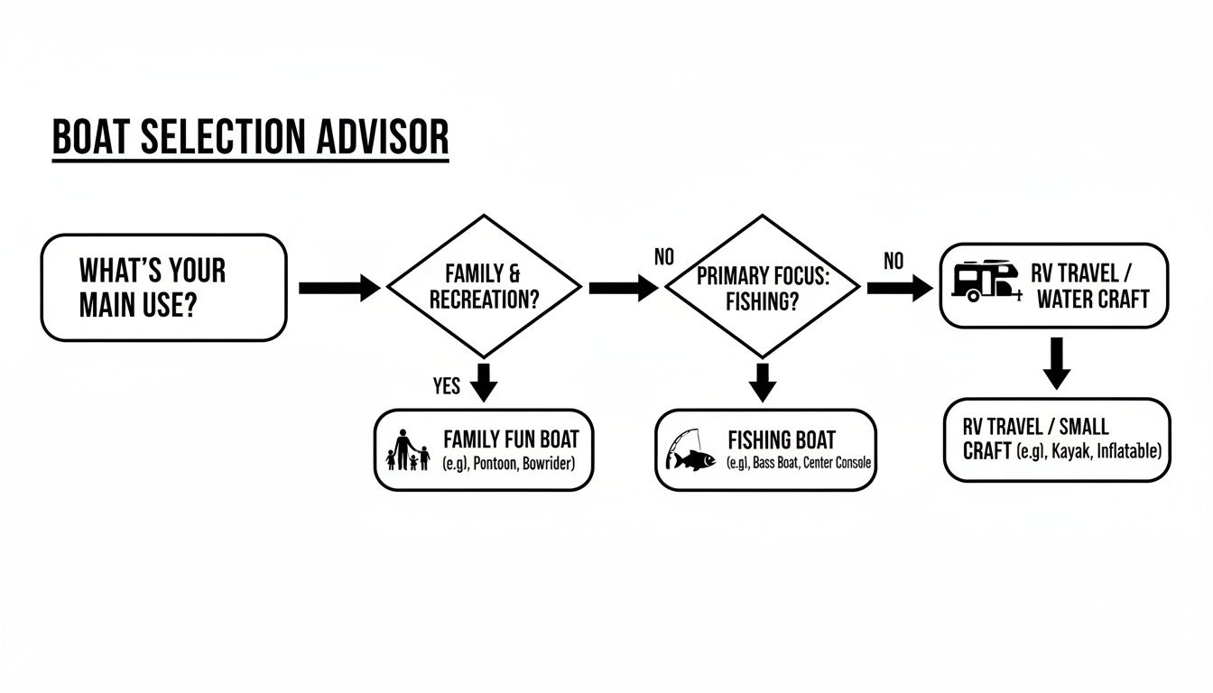 Flowchart diagram for a boat selection advisor, guiding users based on main use, family, fishing, or RV travel.
