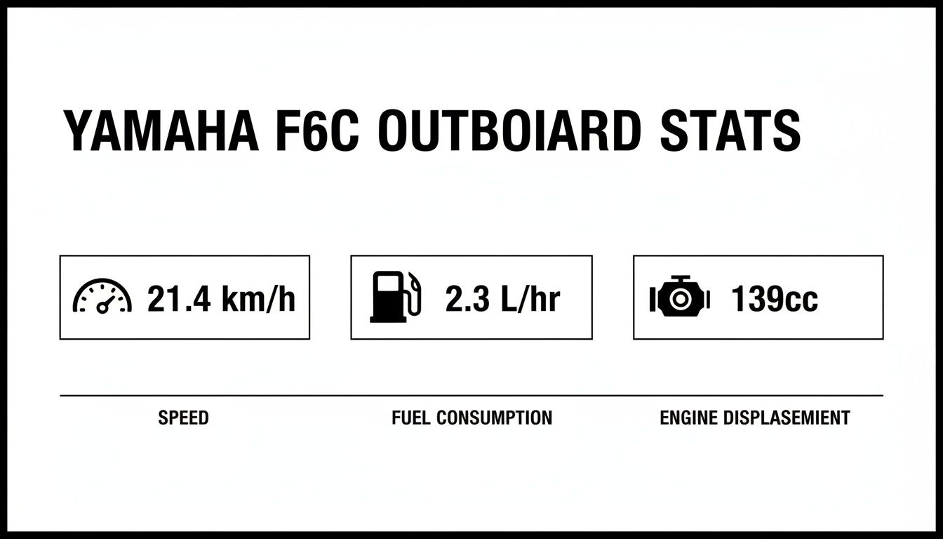 Infographic displaying key performance statistics for the Yamaha F6C outboard engine, including speed, fuel consumption, and engine displacement.