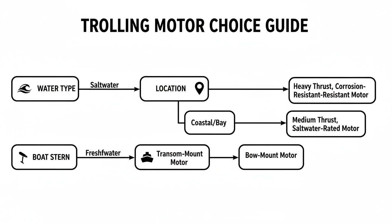 Decision guide flowchart for selecting a trolling motor, considering water type, location, and mounting.