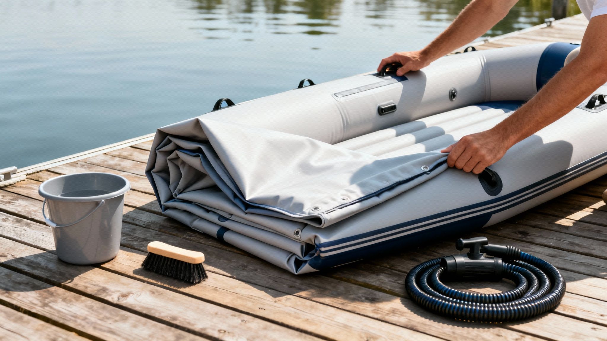 Person's hands unfolding a grey and blue inflatable boat on a wooden dock by the water.