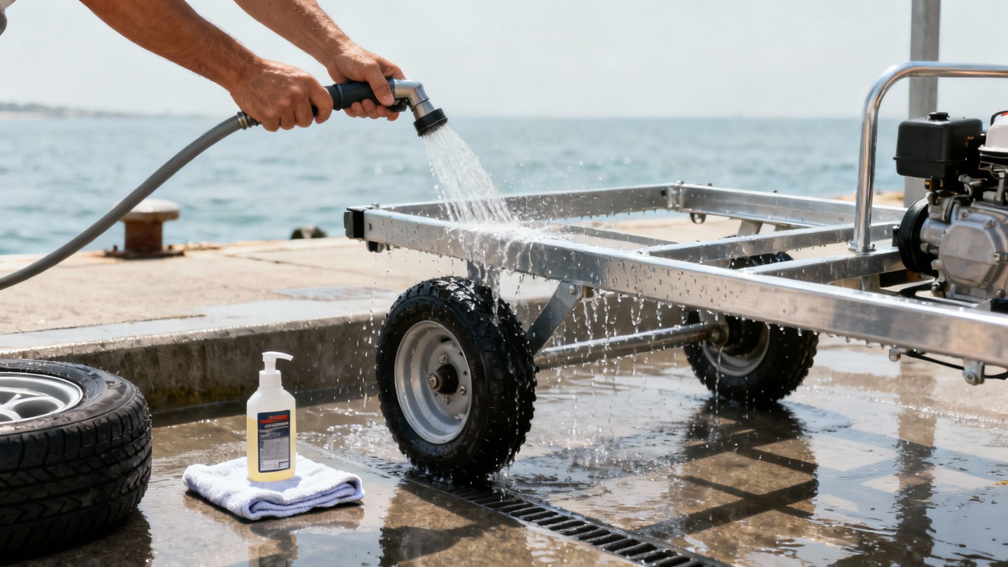 Person washing a boat motor trolley with a hose near the ocean, with cleaning supplies.