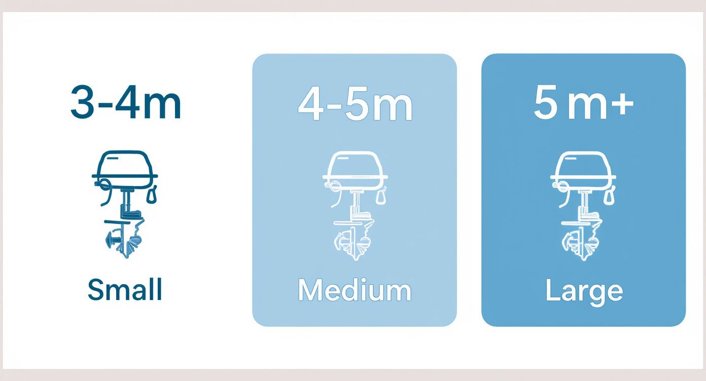 Infographic showing recommended engine sizes for different RIB boat lengths.