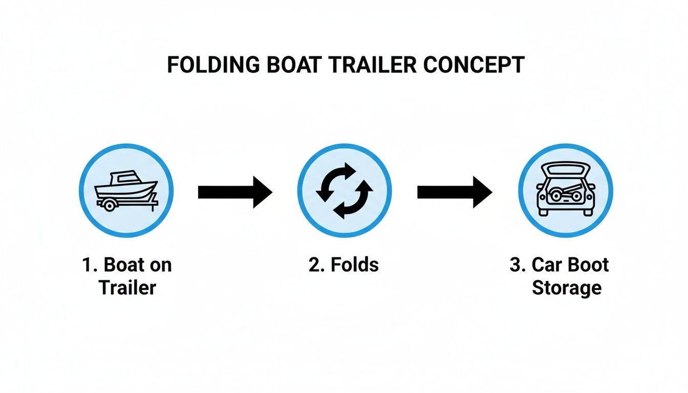 Diagram showing a folding boat trailer concept: from boat on trailer, it folds for car boot storage.
