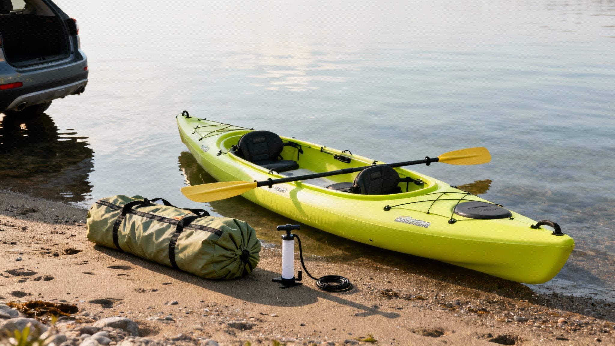 Two people paddling a double person inflatable kayak on a calm, blue lake.