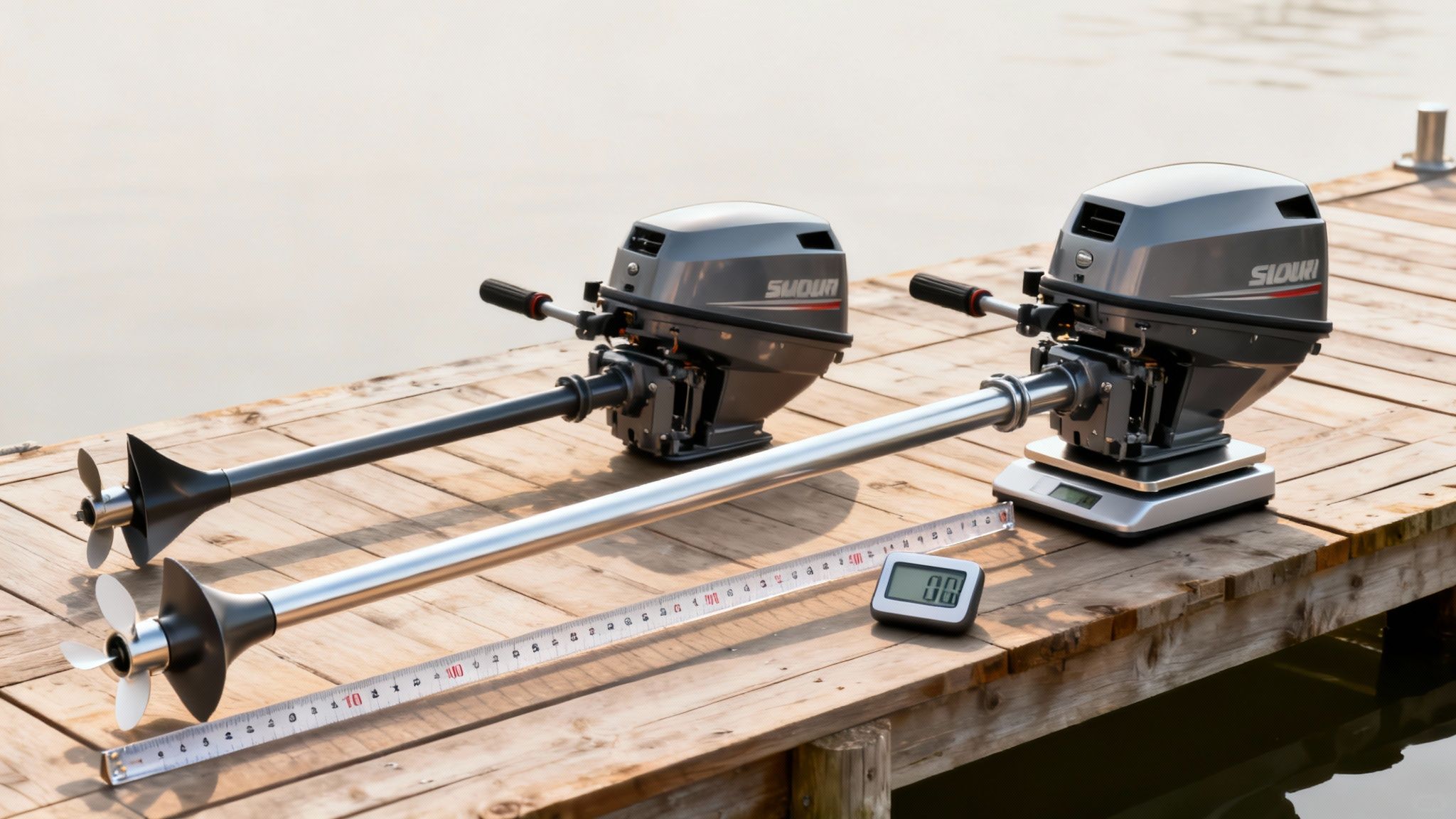 Two SUDOUN outboard motors displayed on a wooden dock with measuring tools and propellers by the water.