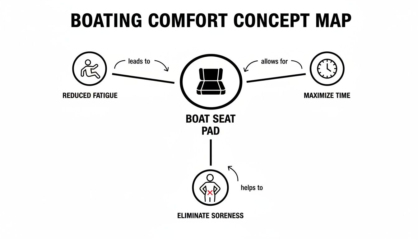 Concept map shows boat seat pads lead to reduced fatigue, eliminate soreness, and maximize time.