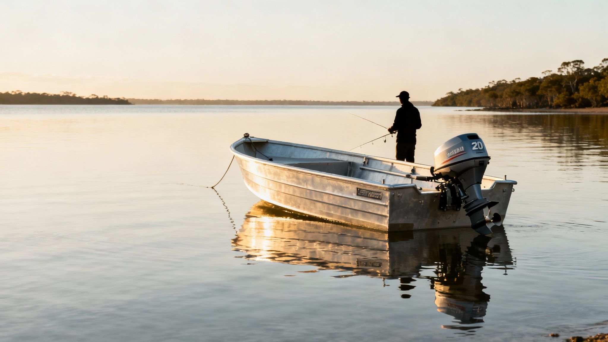 A lone fisherman casts a line from a small aluminum boat with a 20hp outboard motor at golden hour.