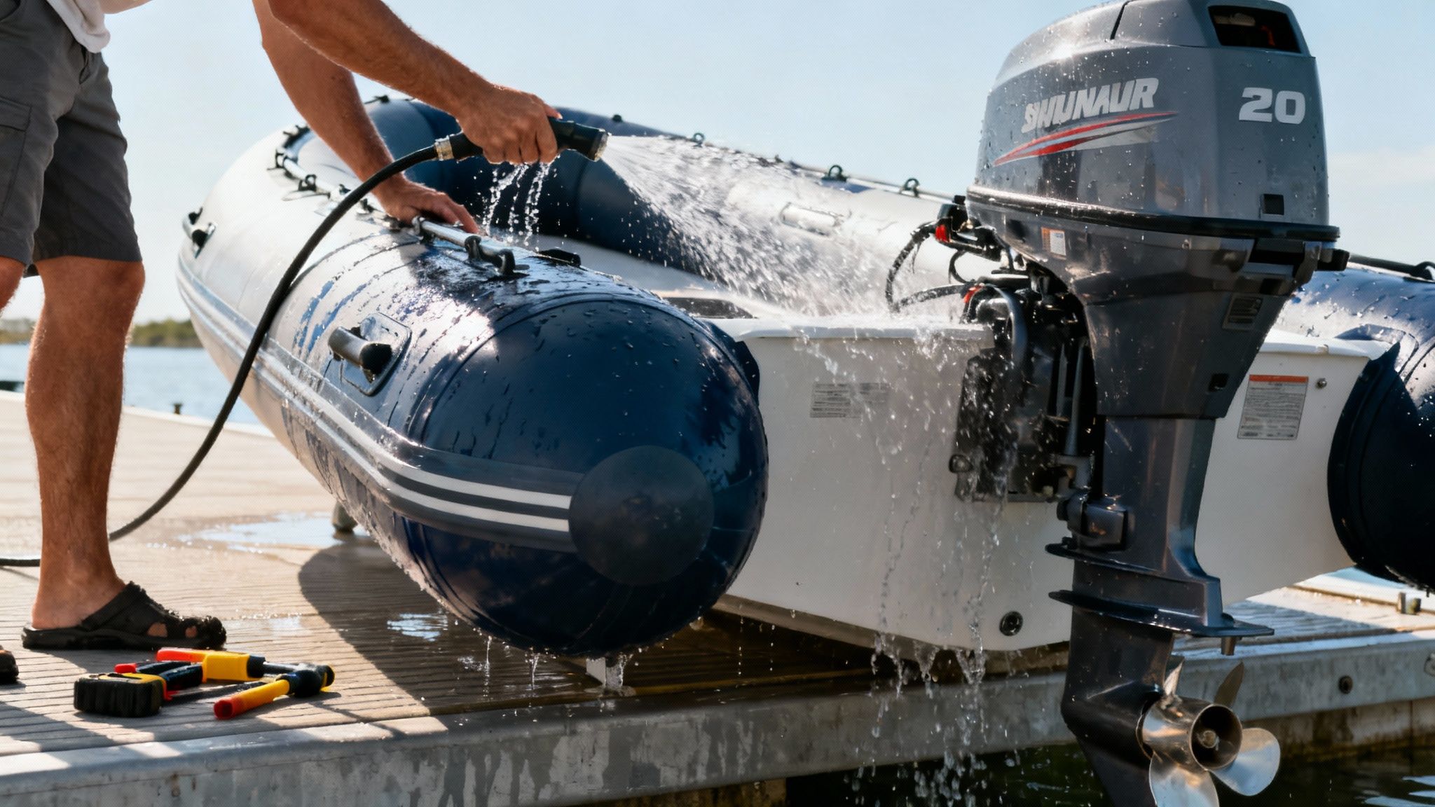 A person washes a rigid inflatable boat with an outboard motor using a hose on a dock.