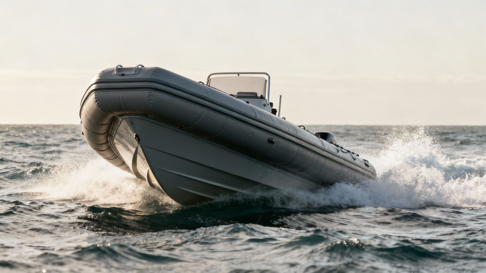 A white and grey RIB boat cruising on the open water.