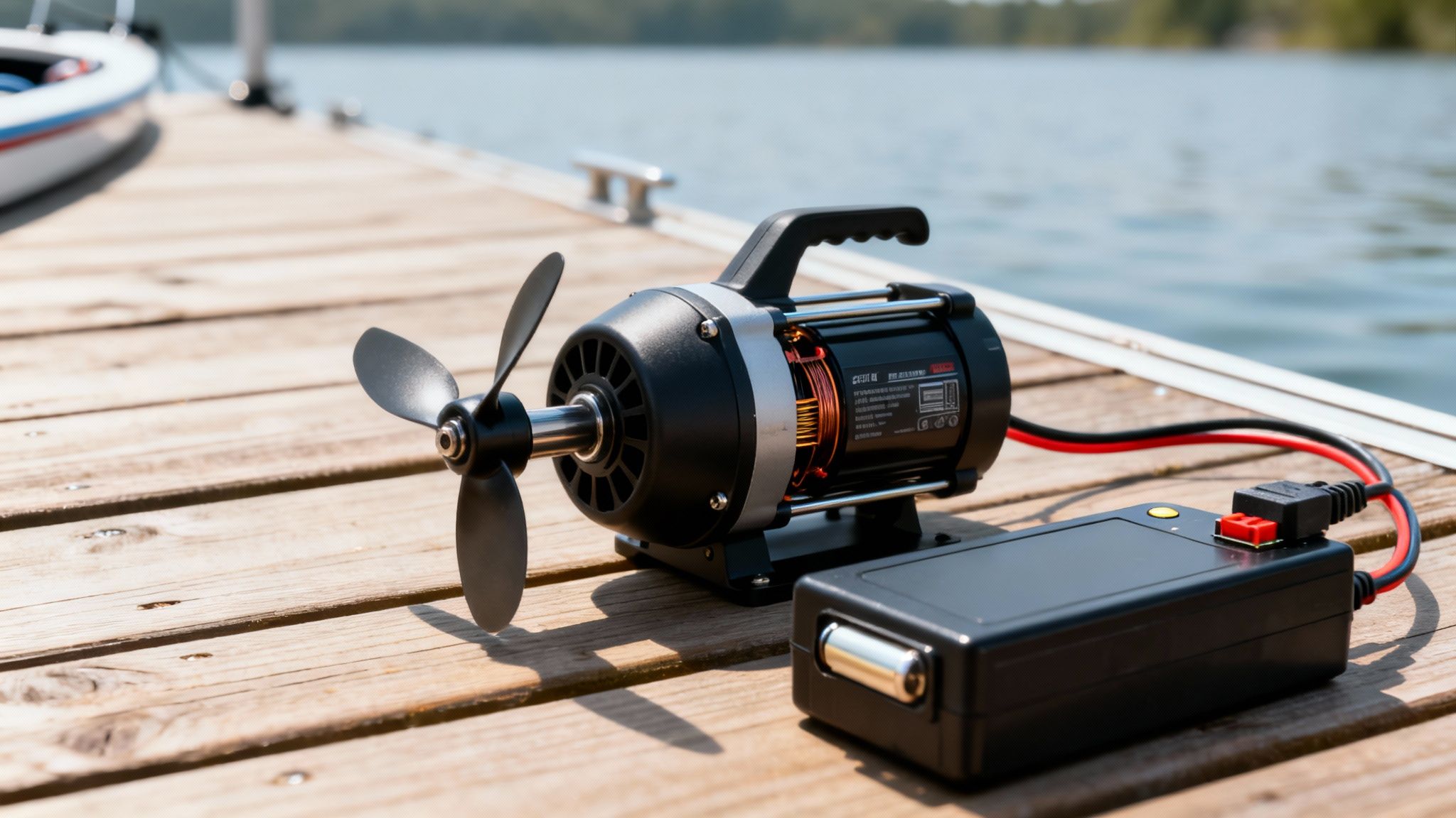 An electric boat motor with a propeller and a connected battery pack sits on a wooden dock near a lake.
