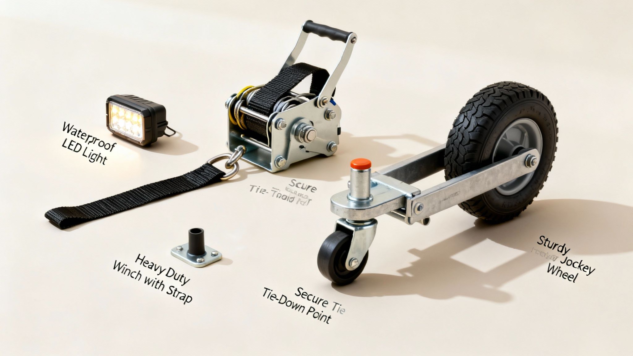 Essential folding boat trailer parts: waterproof LED light, heavy-duty winch, tie-down point, and sturdy jockey wheel.