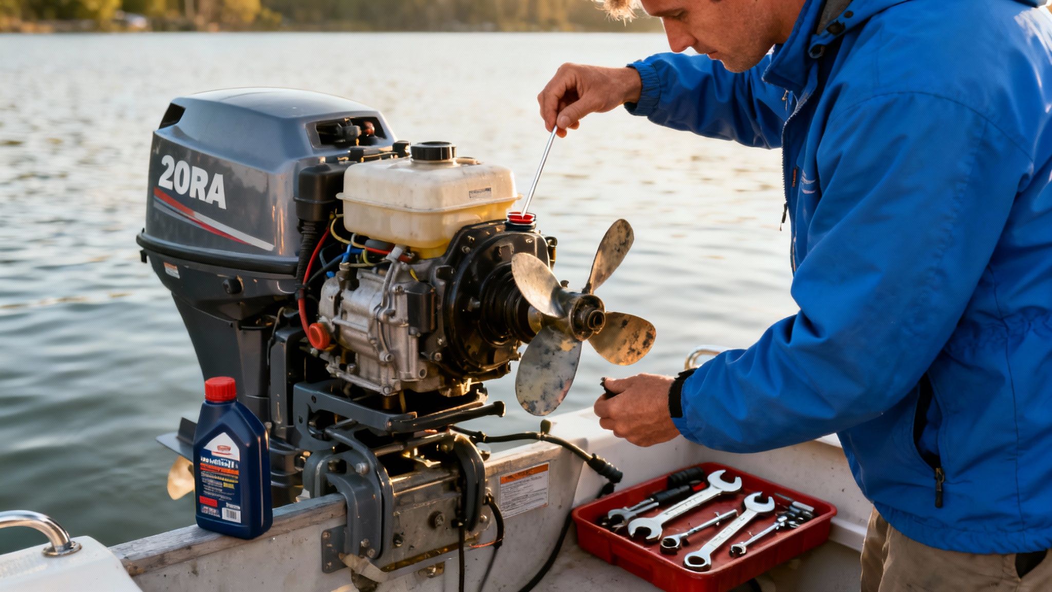 A person flushing a 20 hp outboard engine with a hose.