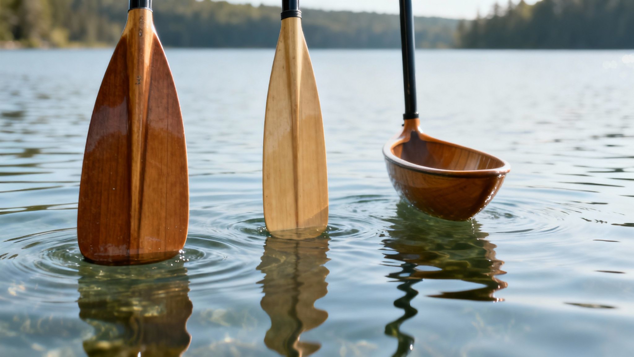 Two people paddling a canoe on a calm lake with detailed paddles for canoe visible