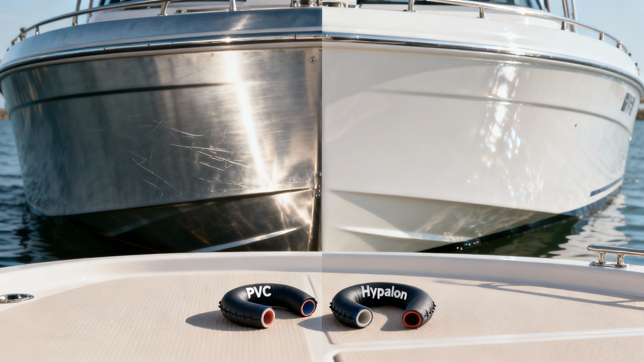 A RIB boat's hull and tubes are clearly visible as it sits on the water.