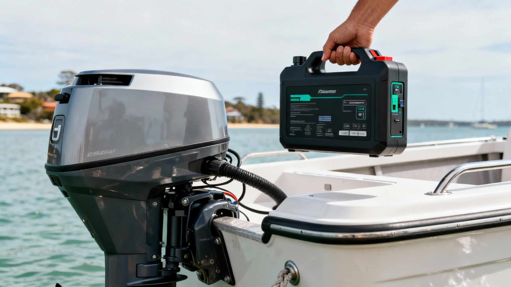 A hand holds a black portable power station near a grey electric boat motor on a white boat.