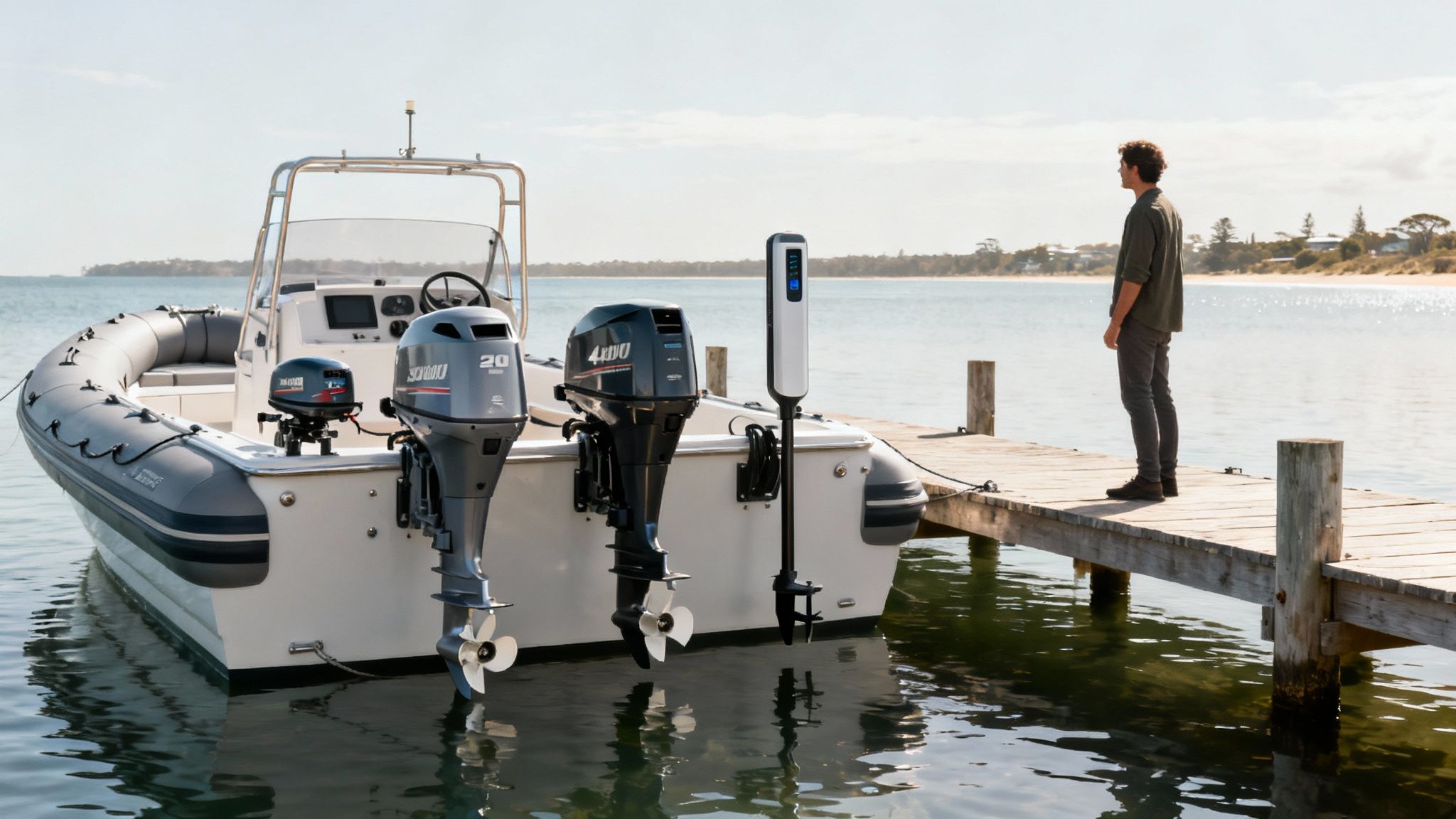 Man on pier beside a boat with multiple outboard motors and an electric charging unit.