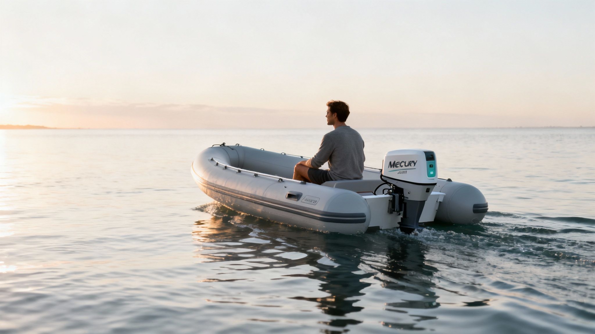 An inflatable boat powered by a Mercury electric outboard motor on calm water.