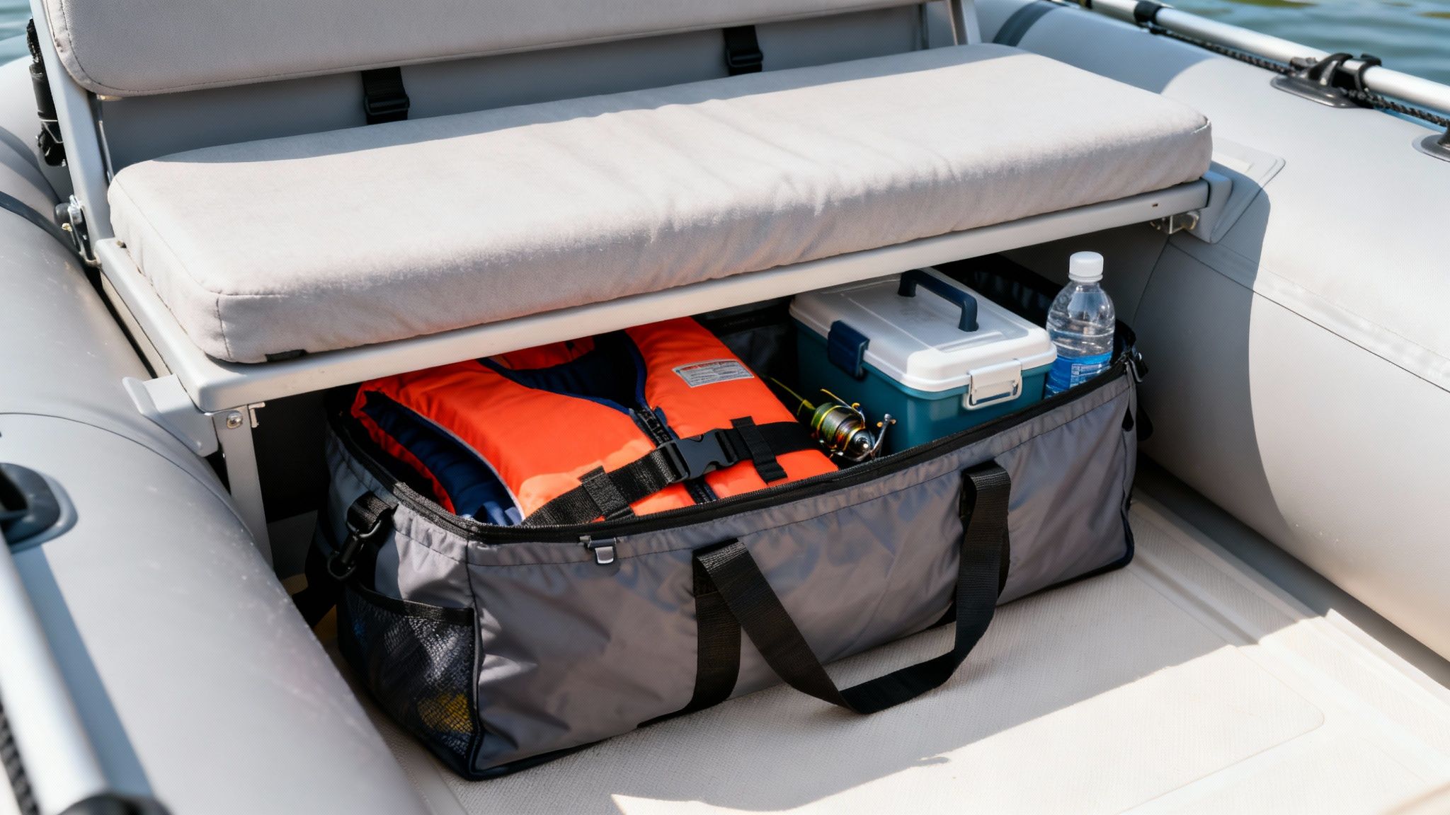 Life vests, fishing gear, and a water bottle are neatly stored under a padded boat seat.