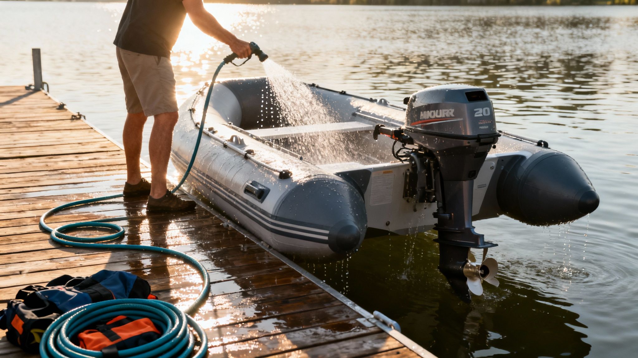 A person uses a hose to wash a gray inflatable boat with a motor on a wooden dock by a lake.