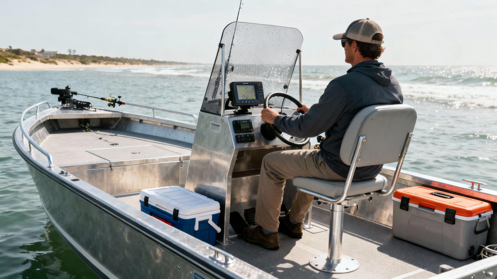 An open deck on an aluminum boat after a side console conversion, highlighting the extra space.