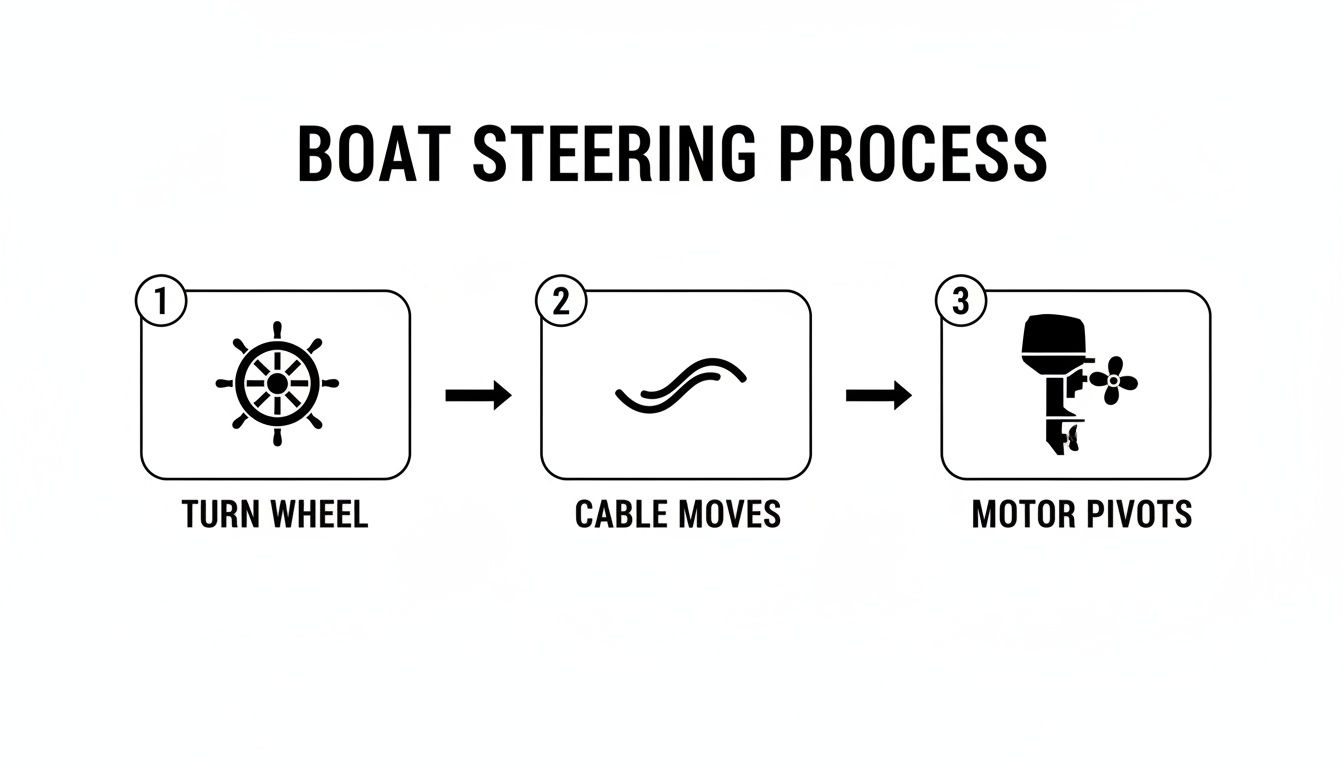 Diagram illustrating the three-step boat steering process: turn wheel, cable moves, motor pivots.