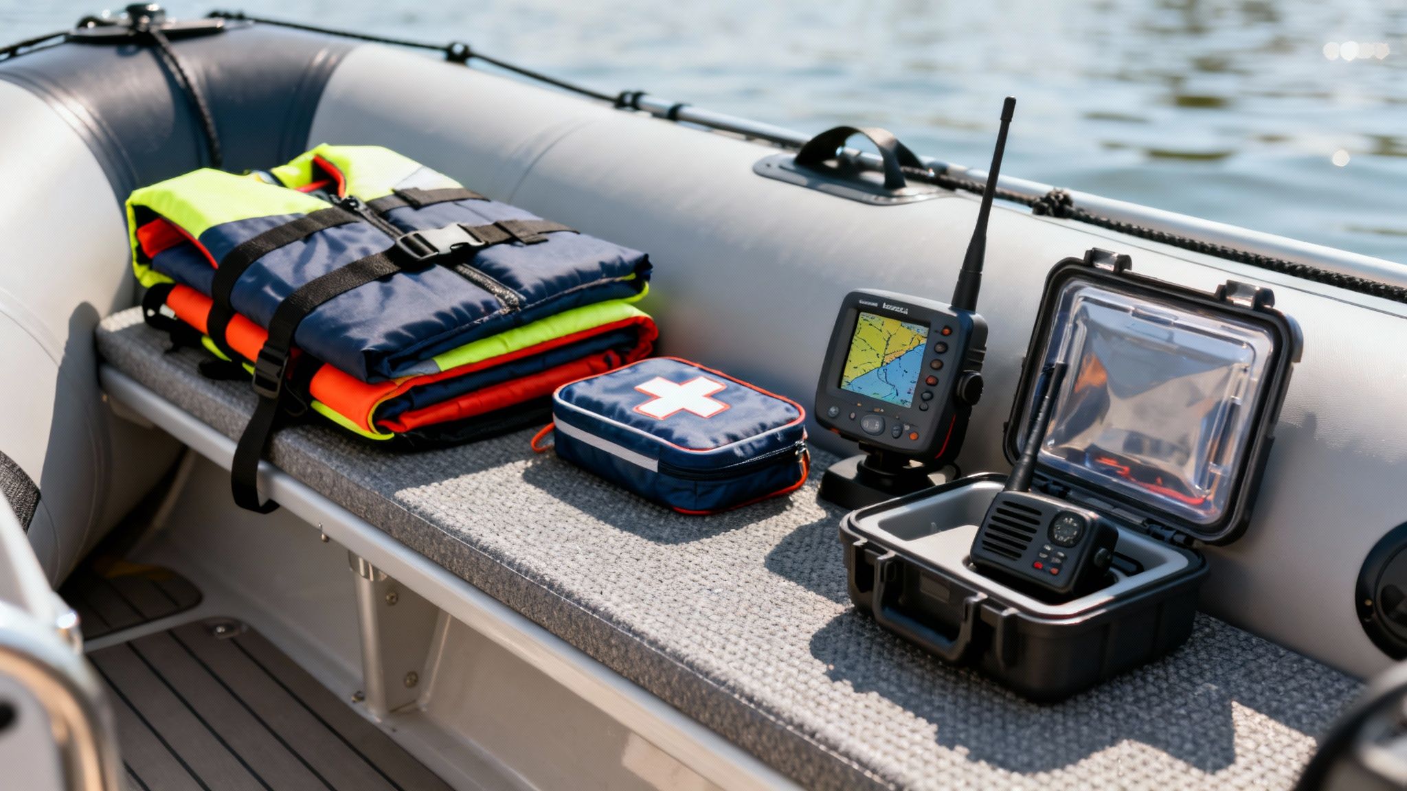 Safety equipment and navigation tools, including life jackets, first aid kit, GPS, and radio, inside a boat.