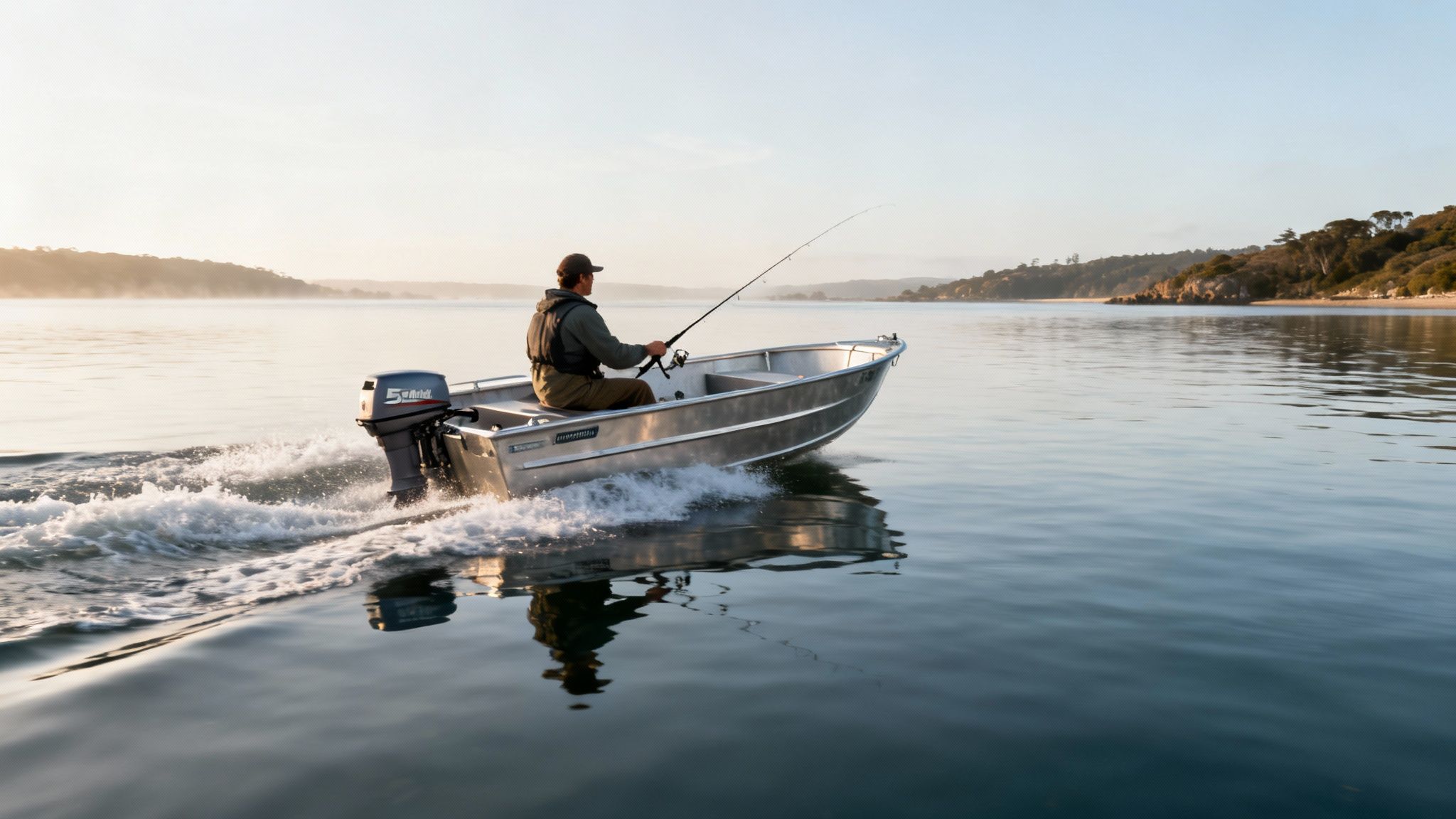 A person in a small aluminum boat with an outboard motor, fishing on a tranquil lake at sunrise.