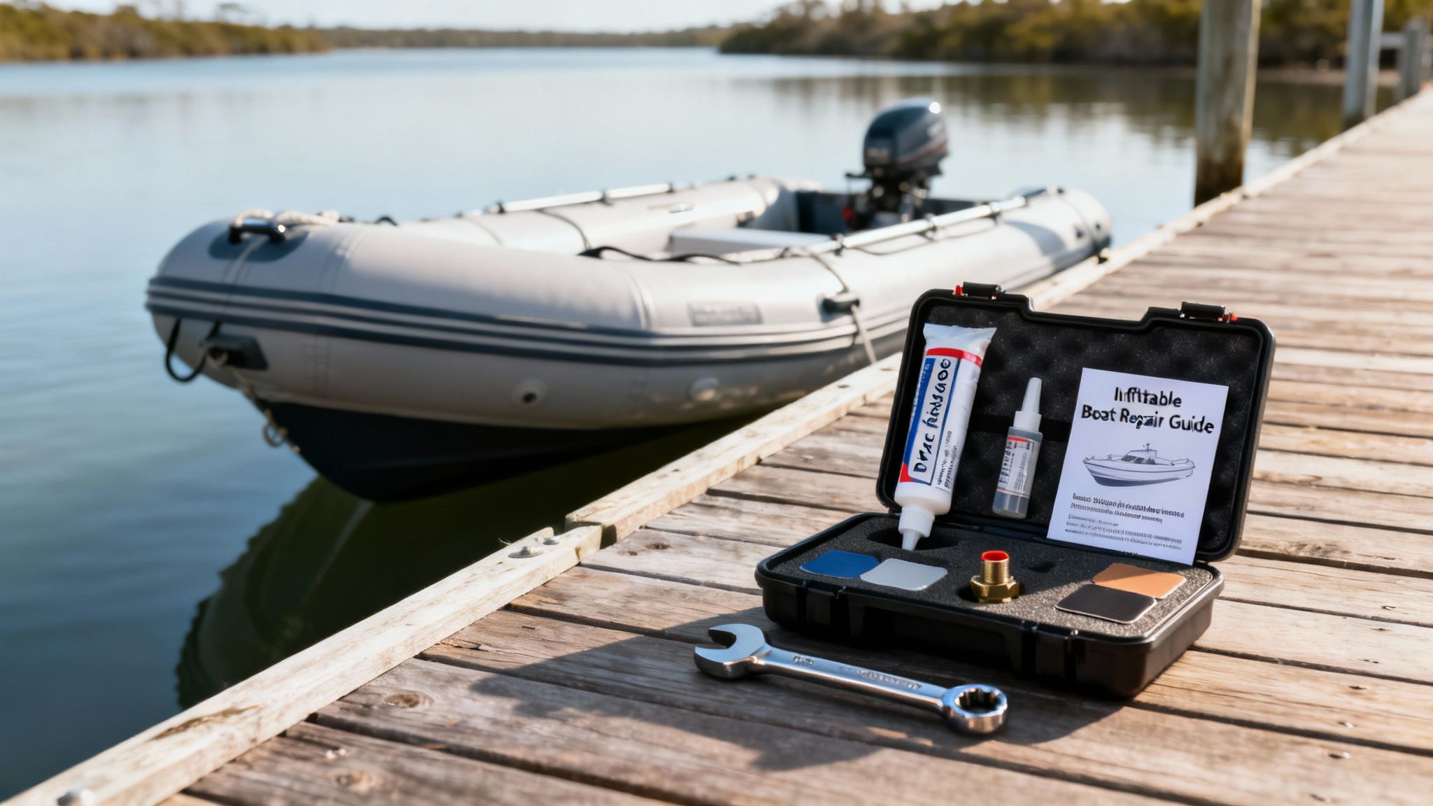 Open inflatable boat repair kit and wrench on a wooden dock beside a gray inflatable boat.
