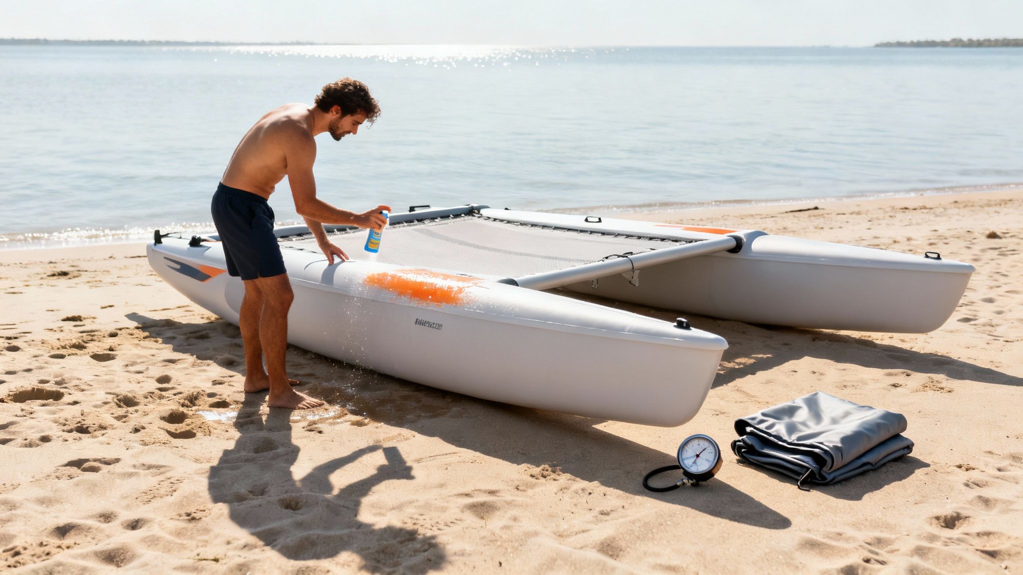 A shirtless man sprays cleaning solution on a white and orange inflatable catamaran on a sunny beach.