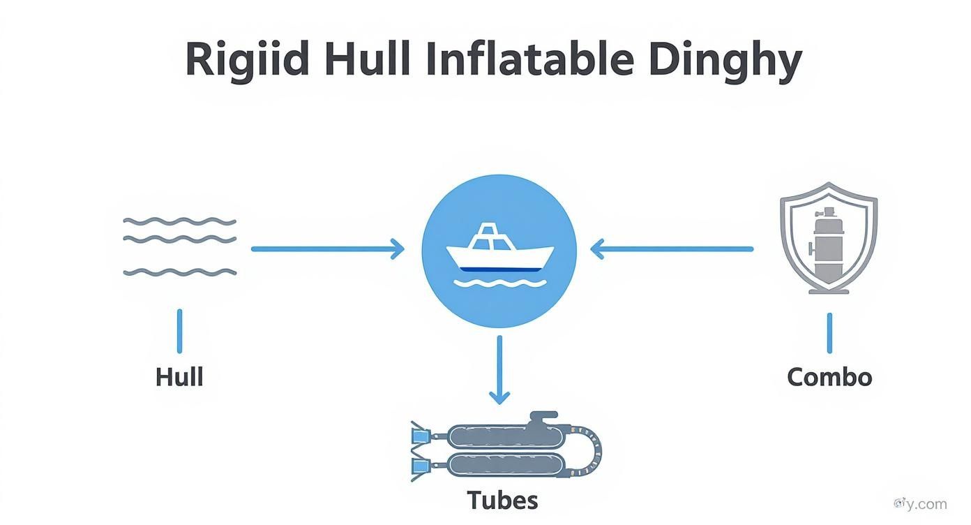 A diagram explaining a Rigid Hull Inflatable Dinghy, showing its Hull, Tubes, and Combo components.