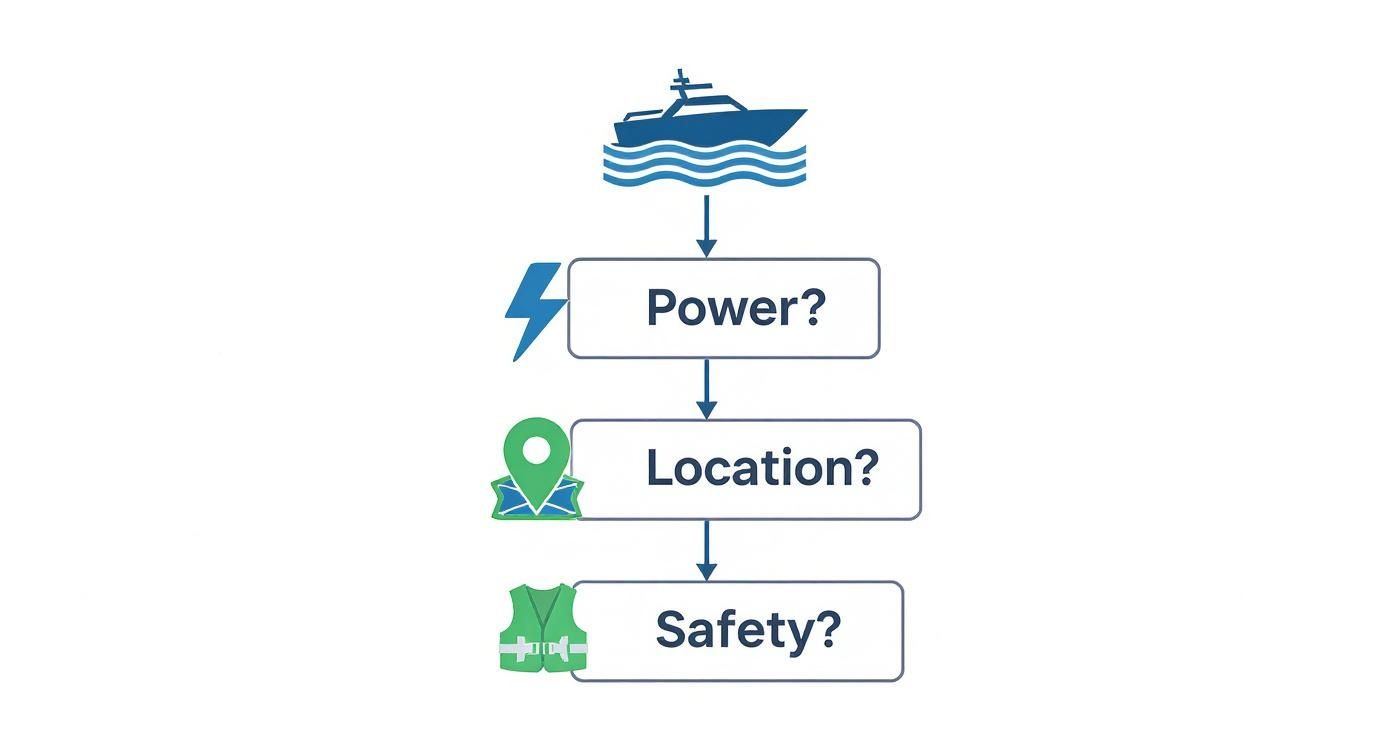 Flowchart showing boat safety checklist: power, location, and safety questions with icons