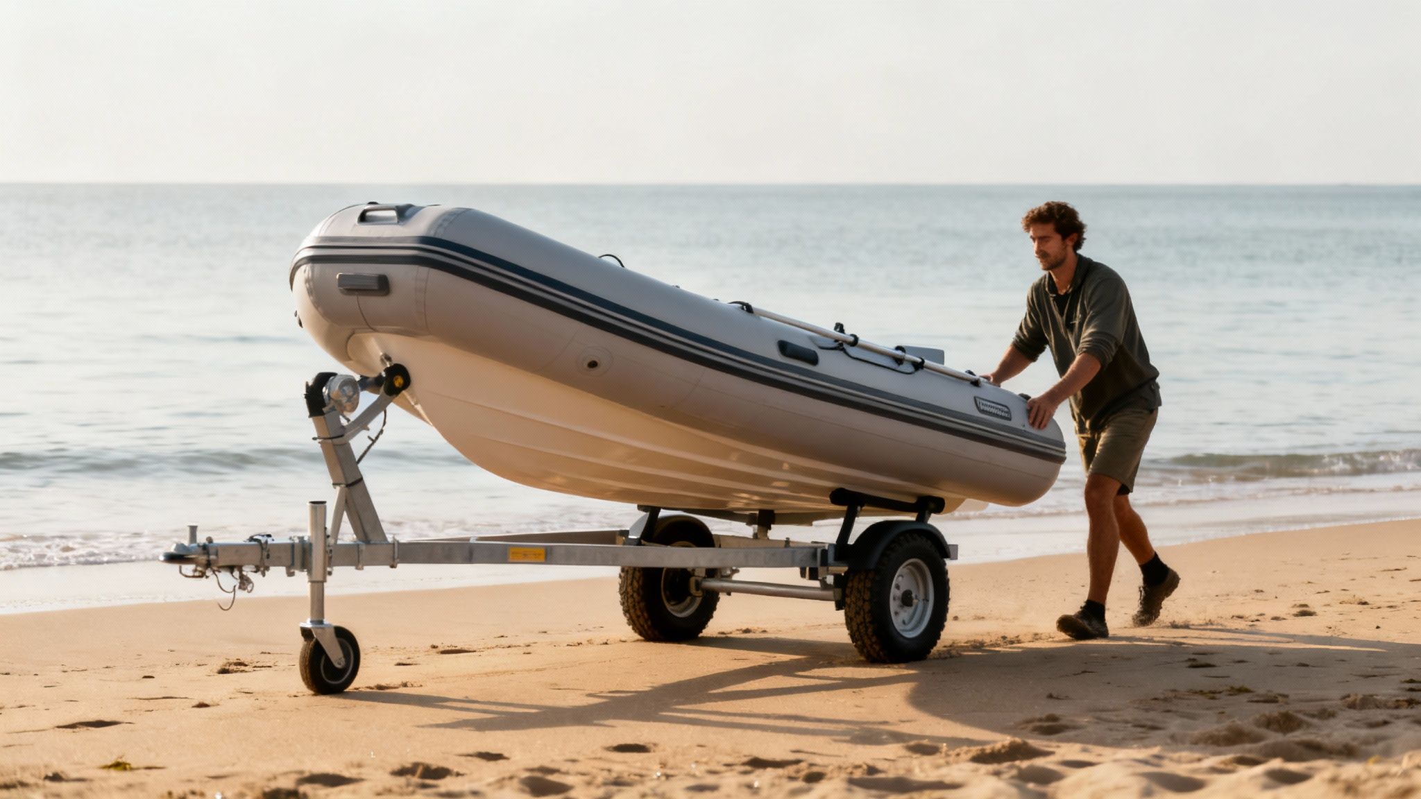 Young man pushing an inflatable boat on a trailer across a sandy beach towards the sea.
