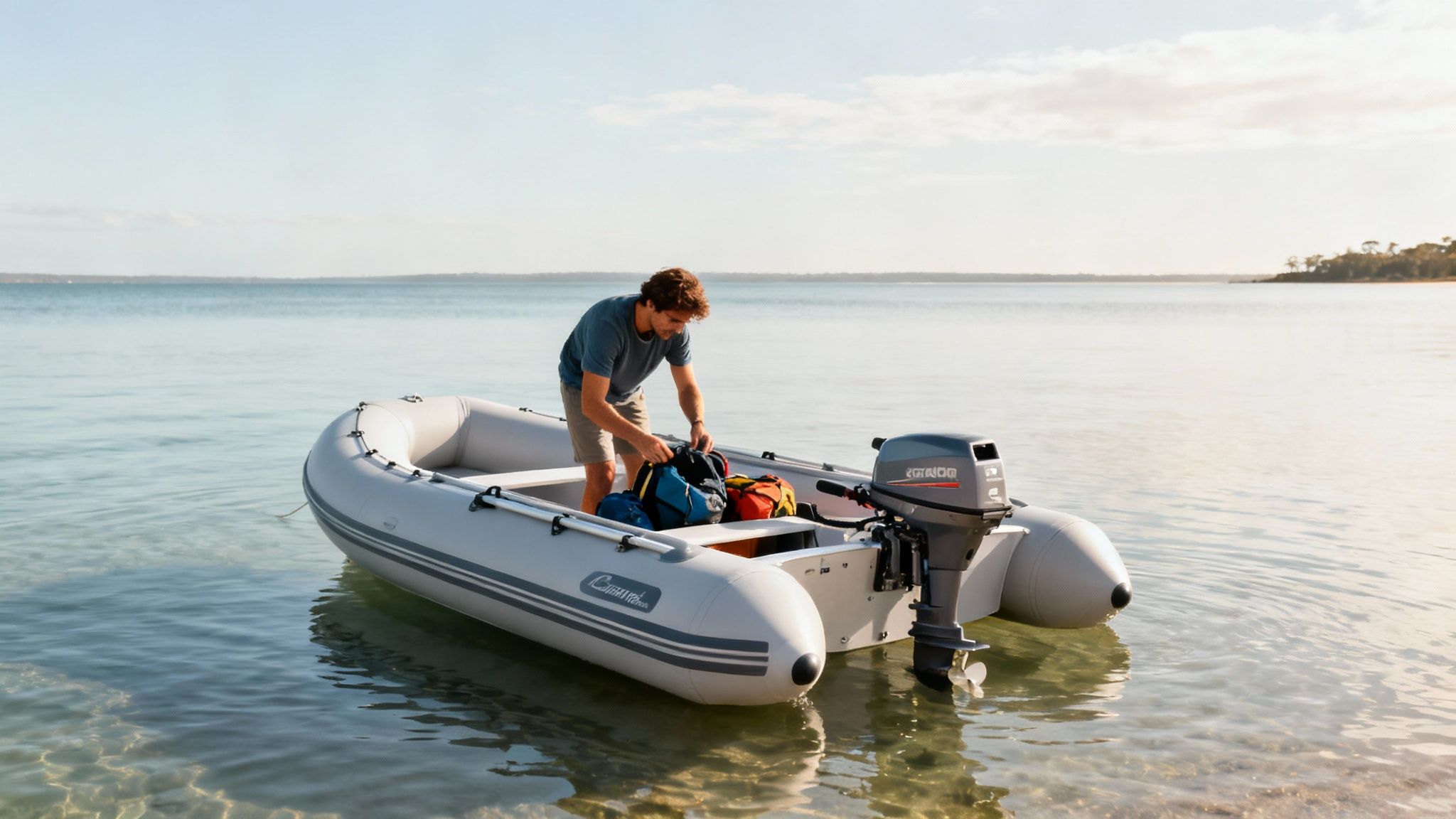 A man loading colorful bags into a gray inflatable boat with an outboard motor on calm water.