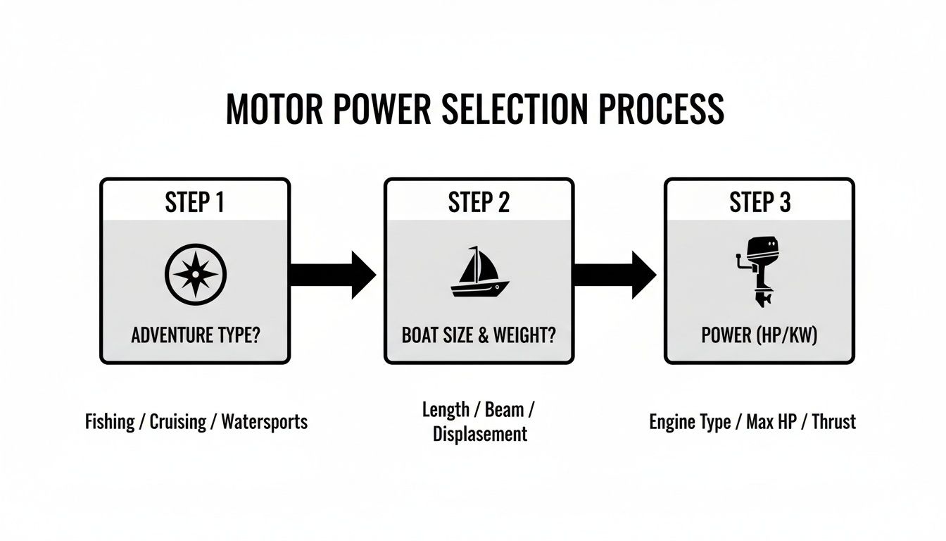 Flowchart detailing the motor power selection process for boats, outlining steps for adventure type, boat size, and required power.